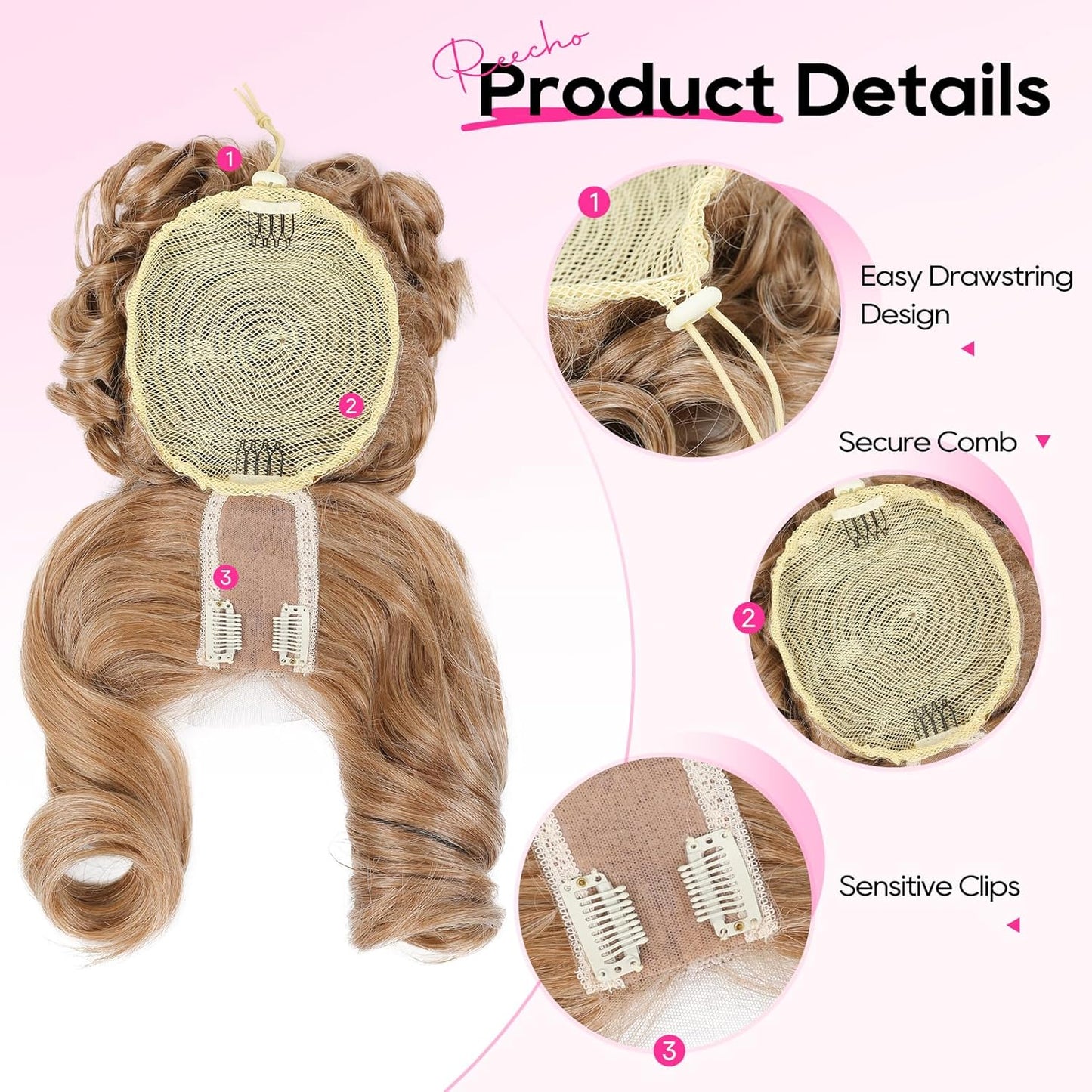 REECHO Messy Bun Hair Piece with Bangs - 2-in-1 Curly Updo Wig & Natural Drawstring Ponytail Extension | Dark Blonde