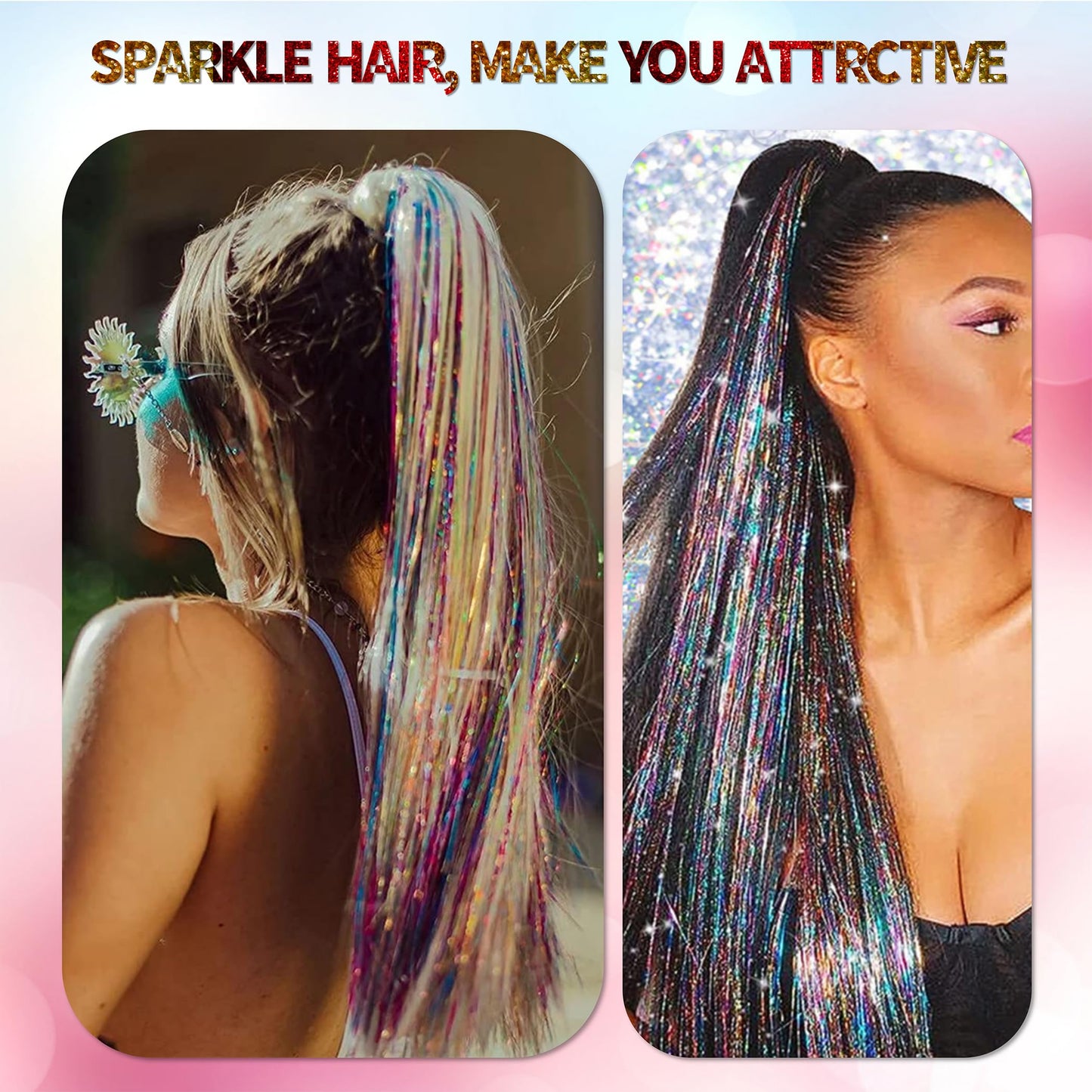 ONROCL Hair Tinsel Clip in Extensions 12Pcs 24 Inch Dreamy Colorful Glitter Hair Tinsel Kit for Fairy Grunge Hair Accessories Women Girls Festival Party Christmas New Year