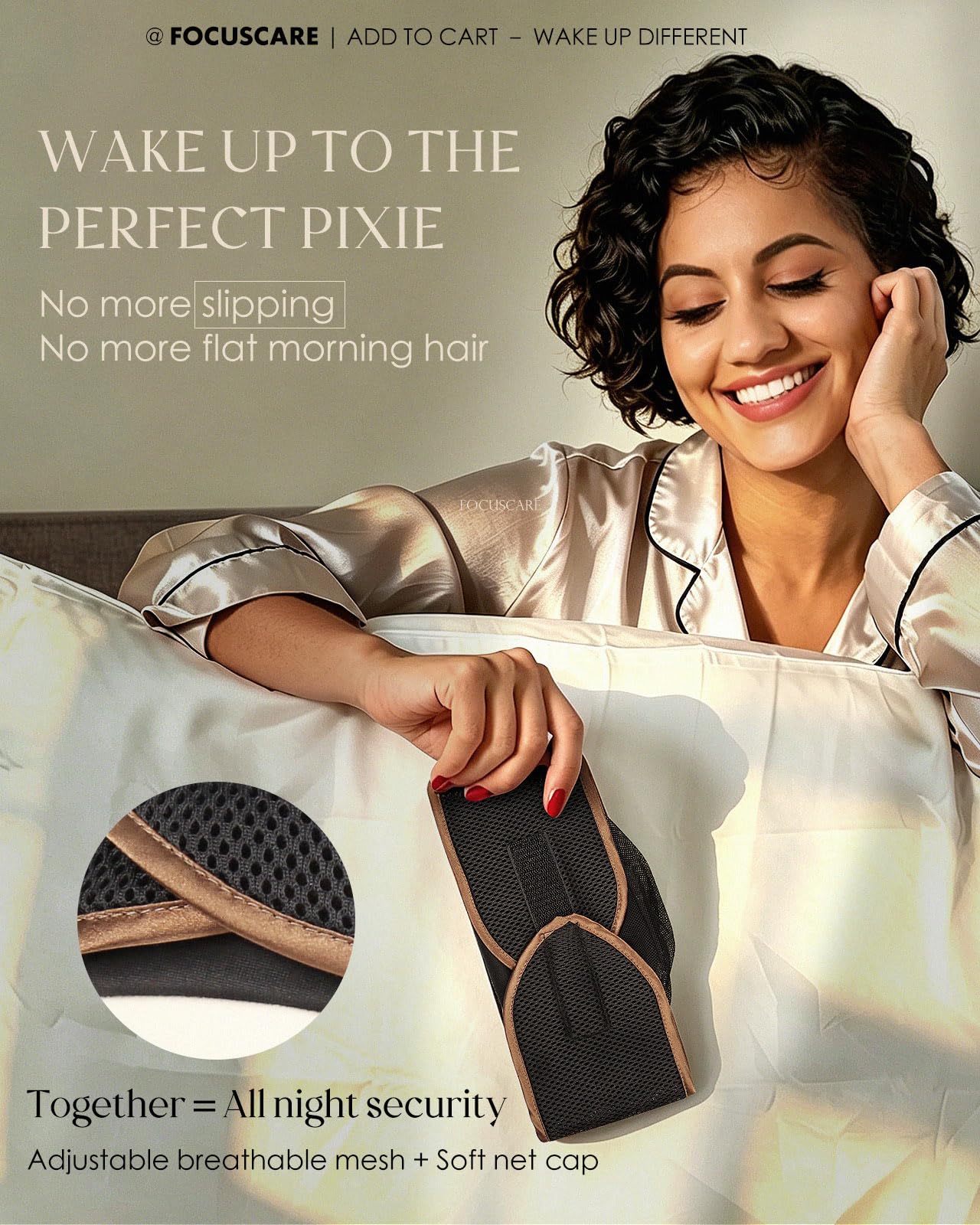 FocusCare 2-in-1 Anti-Slip Hair Wrap for Sleep – Mesh Durag Cap for Pixie Cut Short Hair, Adjustable Hook and Loop Fastener Closure