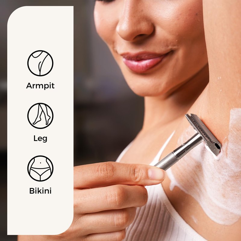 ZOMCHI Double Edge Safety Razor Kit for Men & Women, Reusable Metal Razor with Stand and 10 Blades, Eco-Friendly Plastic-Free Shaving - Matte Silver
