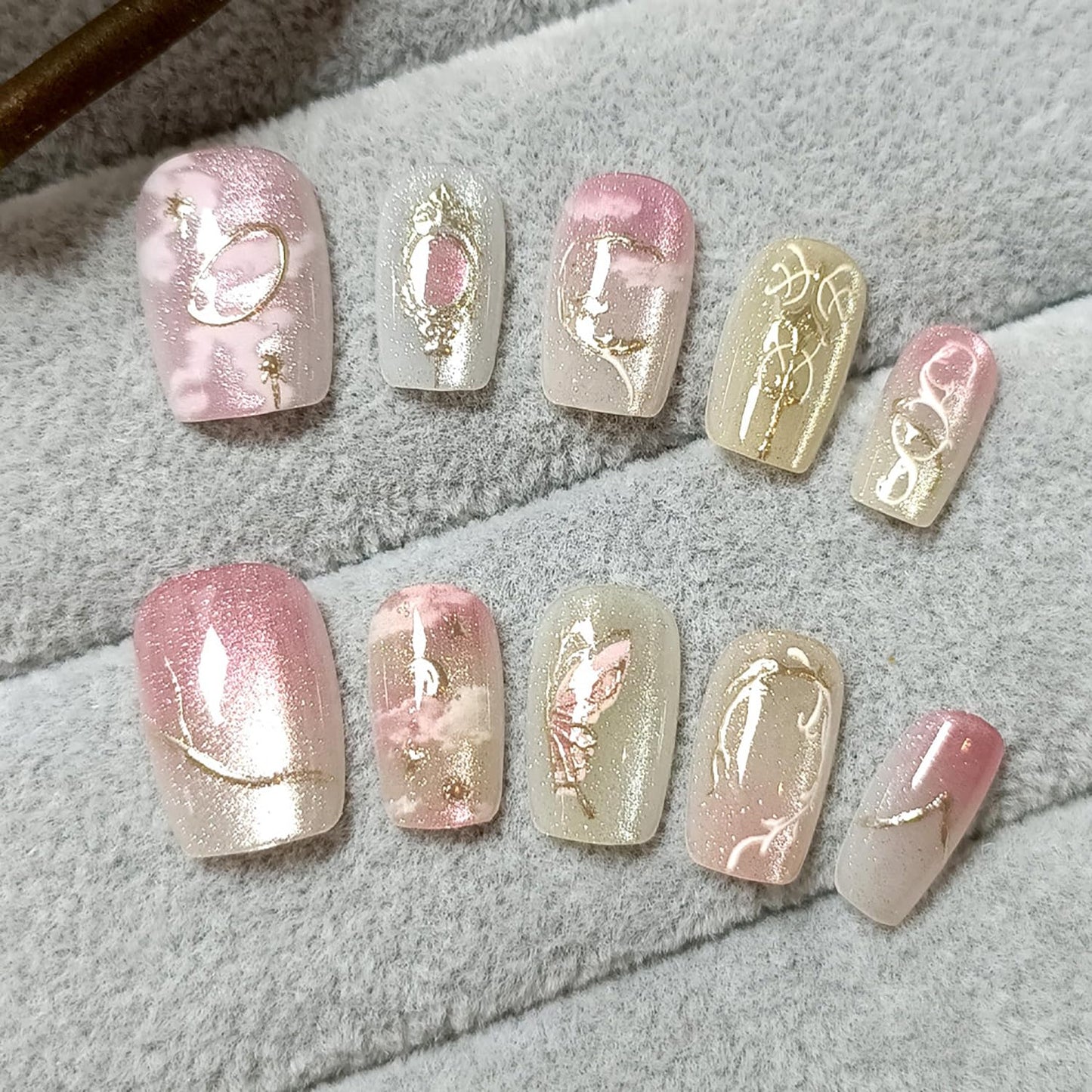 Gold Star Press-On Nails - 30 Pcs Medium Almond Acrylic with 3D Blue Rhinestones | Bohemian Style
