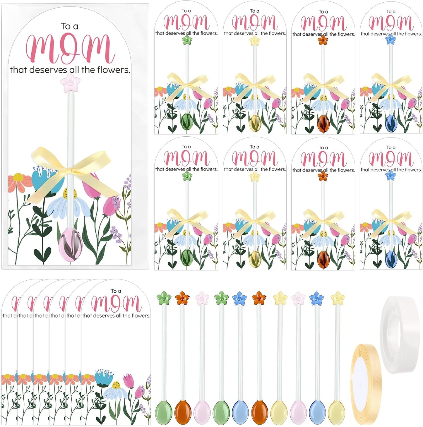 Mifoci 20 Sets Mother's Day Flower Glass Spoons - DIY Gifts for Mom | Includes Stirring Rods & Cards