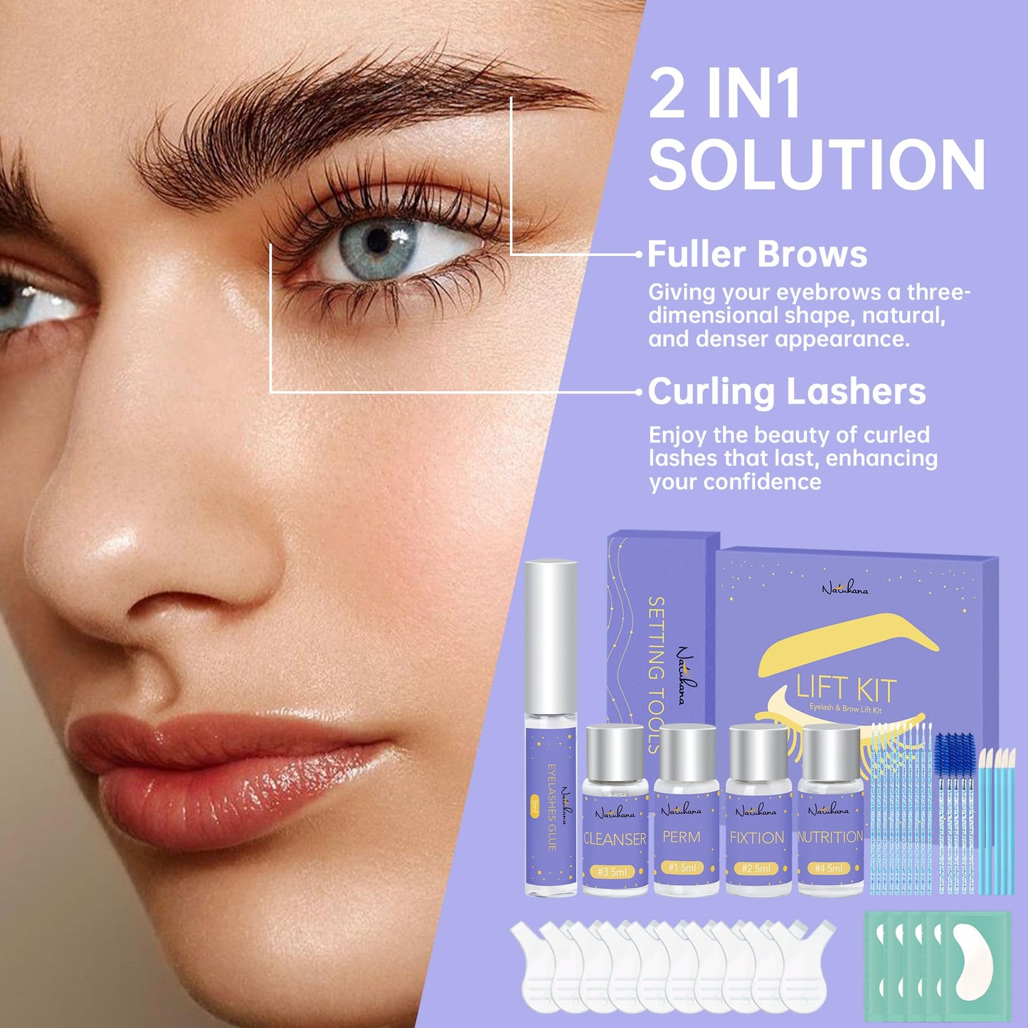 NATUHANA Lash Lift Kit and Eyebrow Lamination Kit,Instant Eyelash Curling Lash Extension Set,Semi-Permanent Eyelash Curling Perming,Suitable for Beginner,Professional,DIY Home or Salon