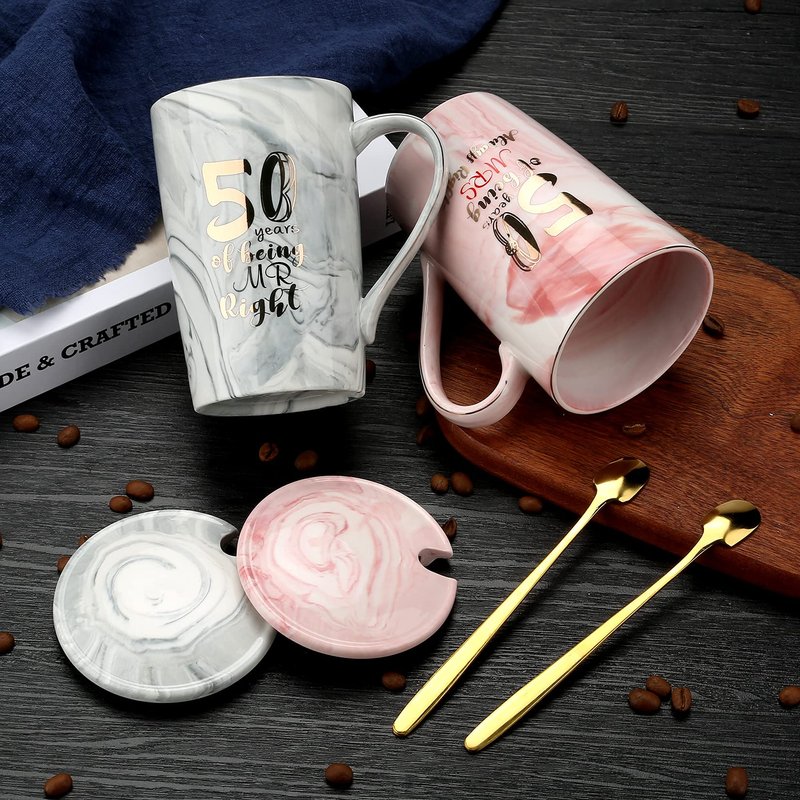 Sovyime 50 Years of Being Mr Right and Mrs Always Right Wedding Marriage Anniversary Cup for Couple Ceramic Marble Coffee Mugs - 14 Oz (50th Anniversary)
