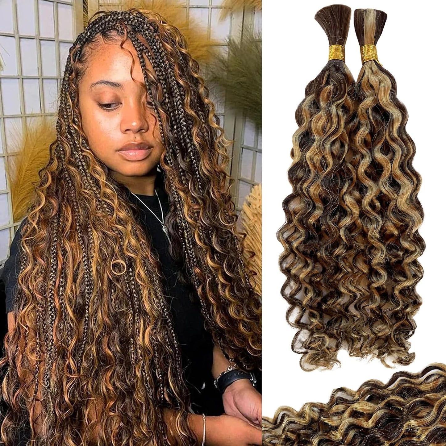 Braiding Human Hair Water Wave - 2 Bundles 100g Ombre Curly Extensions | 14 Inch Black/Brown Highlights