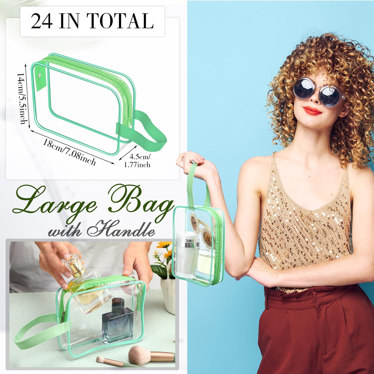 Silkfly 24 Pack Vivid Color Clear Toiletry Bag PVC Travel Cosmetic Bag with Handle Strap Makeup Pouch with Zipper for Women Summer Vacation Salon Teacher Gift