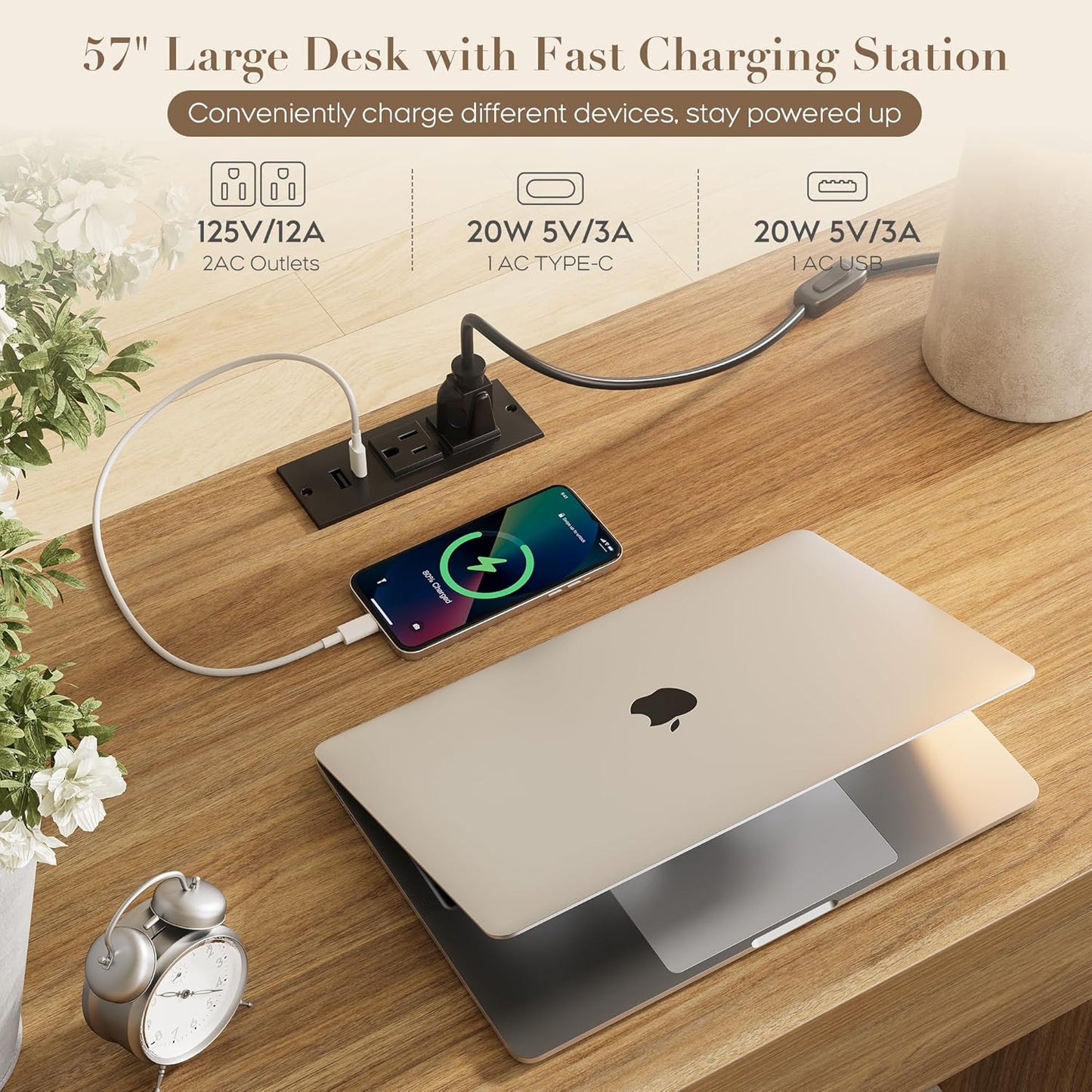 Yechen Executive Desk - 57" Modern Rattan Home Office Desk with Charging Station | Walnut Brown, 5 Drawers