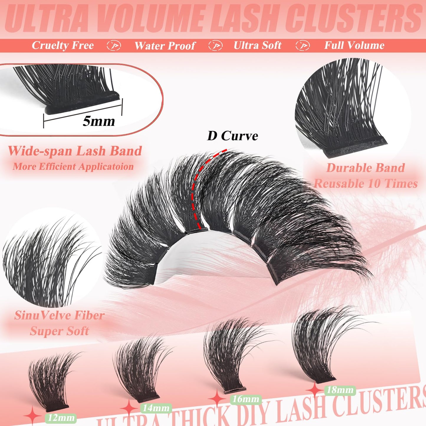 Lash Cluster 260D Full Volume Cluster Lashes Bold 12-18mm Mega Lash Clusters Supplies Wispy D Curve False Eyelashes Clusters Reusable DIY Salon Look Eye Lash Clusters Extension By Hiklasy