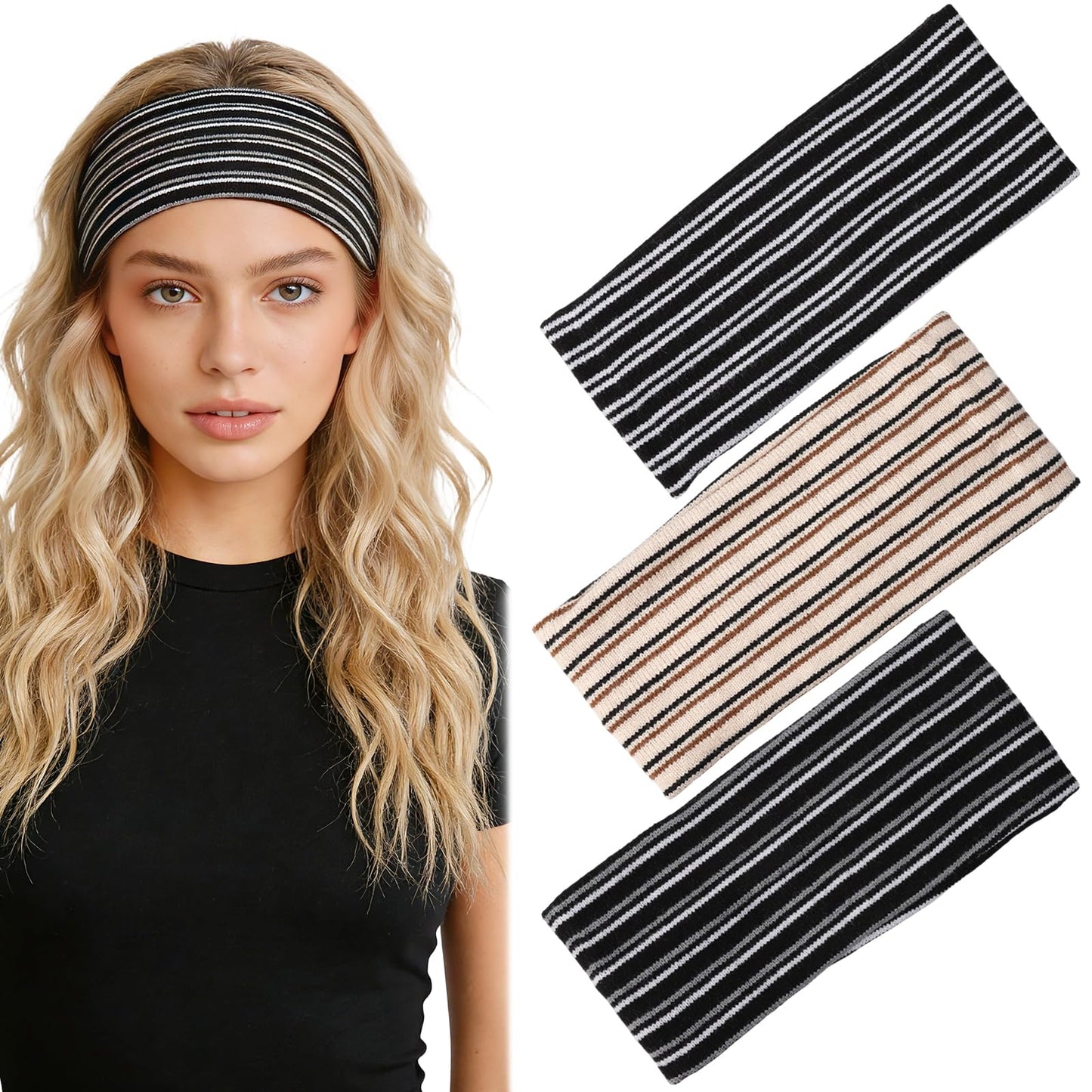 BLMHTWO 3PCS Striped Headbands for Women, Stretchy Elastic Head Bands Soft Fabric Hair Bands Wide Non Slip Head Band for Girls Work Out Yoga Fashion Running Sports (Black, beige)