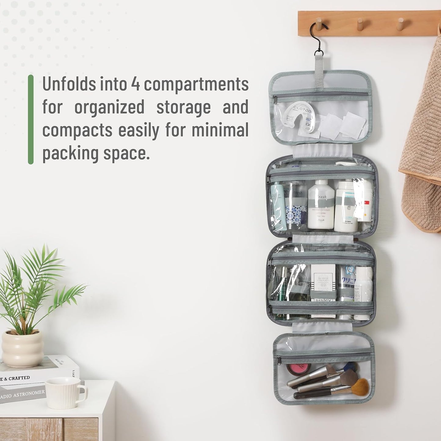 Travel Toiletry Bag Organizer - Green Makeup Bag with Hanging Hook | Water-Resistant Design