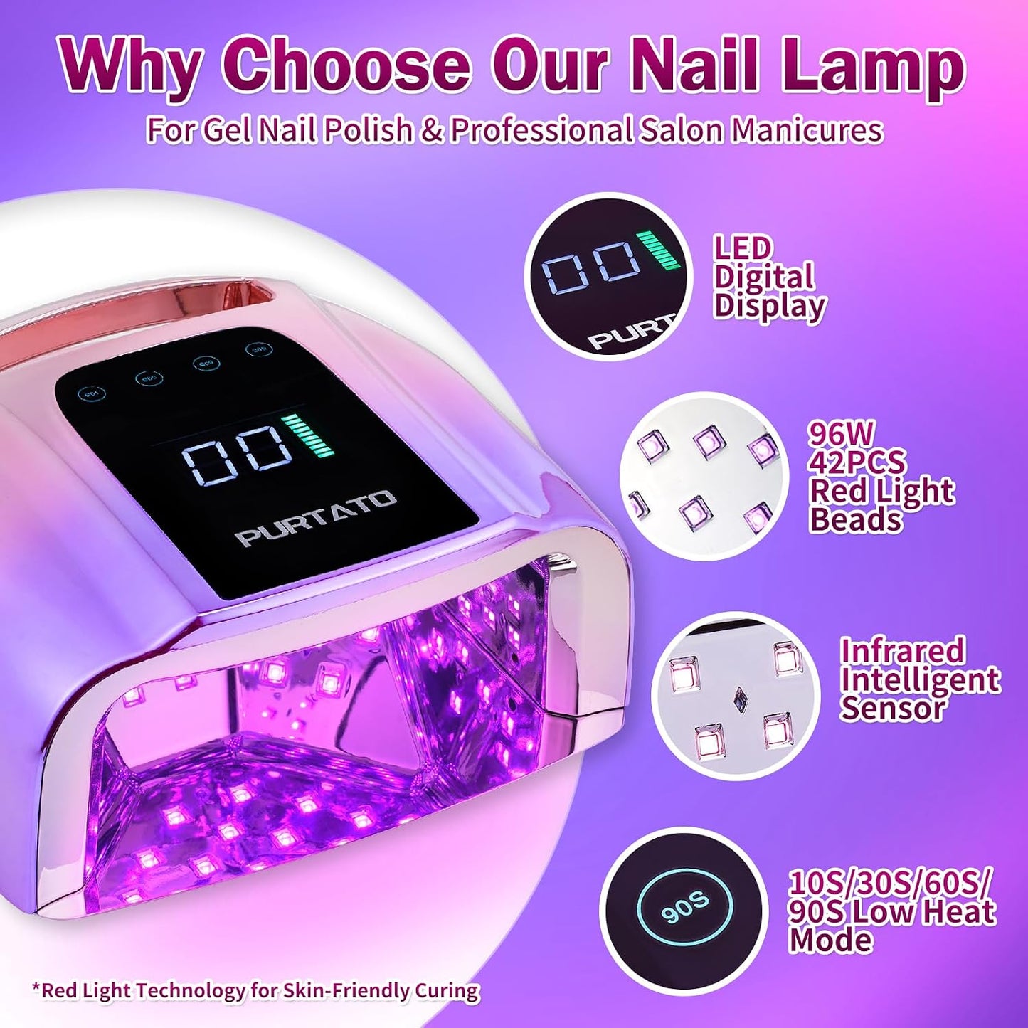 Professional 96W UV LED Nail Lamp - Cordless, Portable Design | Gradient Purple, 4 Timer Settings
