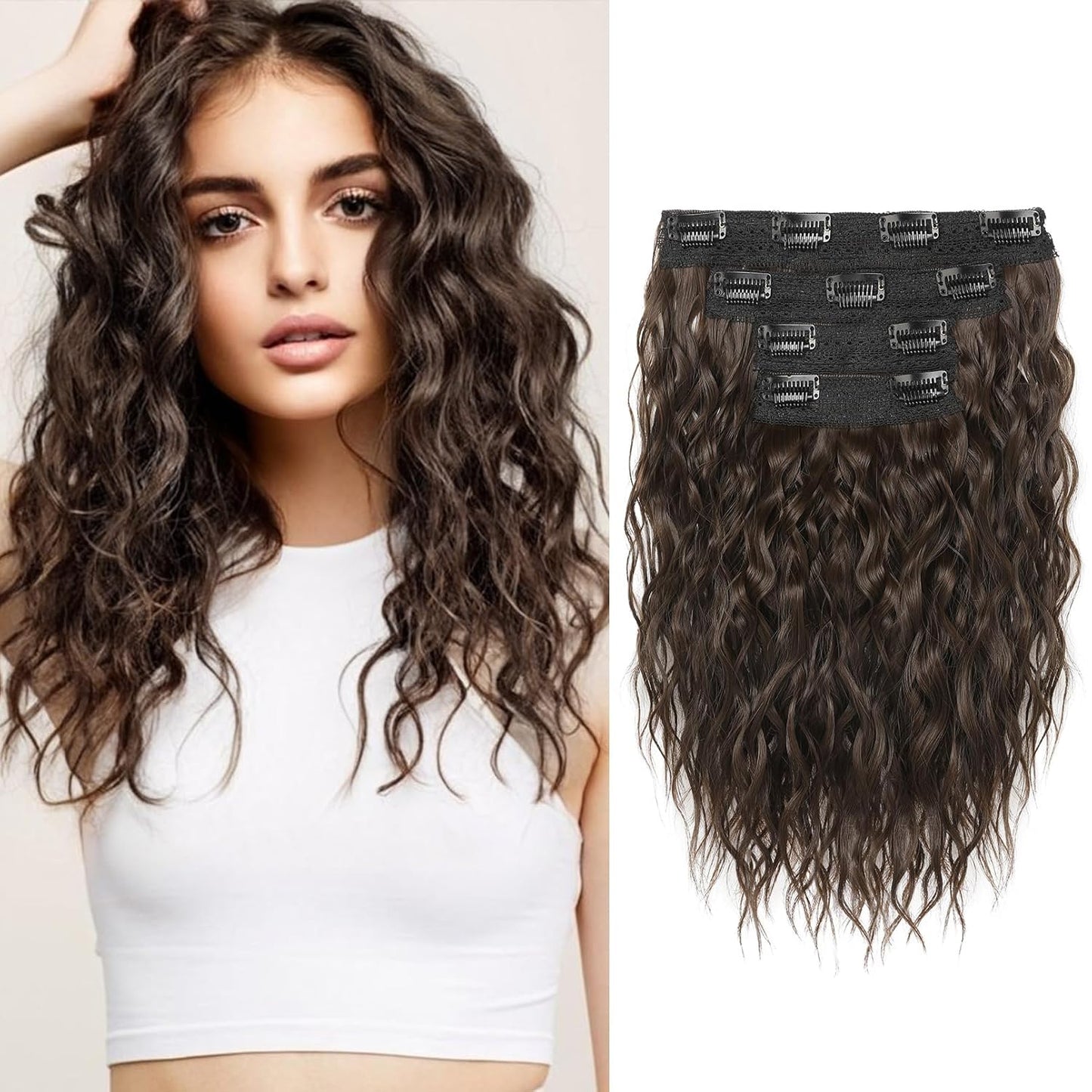 REECHO Clip-In Hair Extensions - 4PCS Short Curly Wavy 12" Chestnut Brown Lace Weft Hairpieces for Women