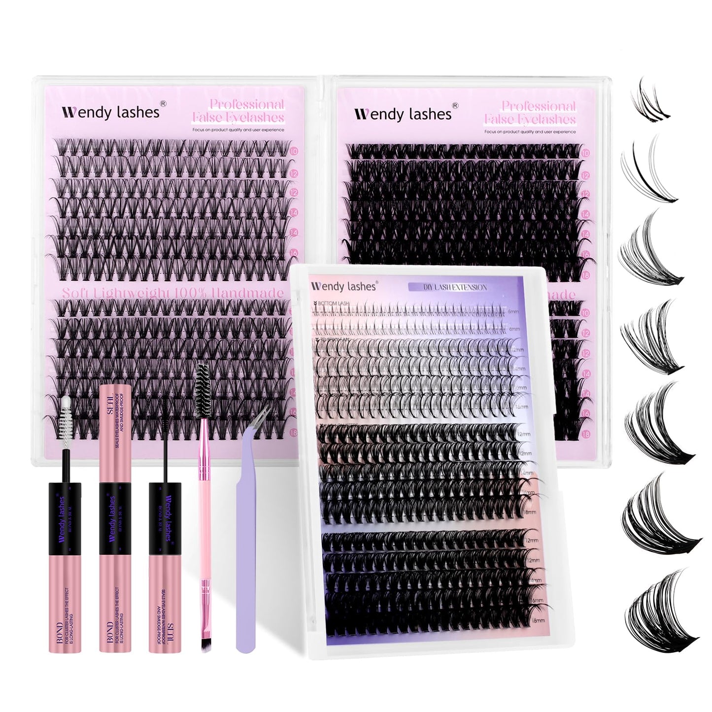 Wendy Lash Clusters Kit With Bottom Lashes 30D+40D+40D+50D+60D+80D 880-Pcs Fluffy Eyelash Clusters D Curl Lashes Extension Soft Eyelash Extension Kit Wispy Natural DIY at Home