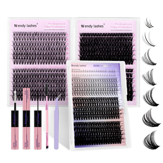 Wendy Lash Clusters Kit With Bottom Lashes 30D+40D+40D+50D+60D+80D 880-Pcs Fluffy Eyelash Clusters D Curl Lashes Extension Soft Eyelash Extension Kit Wispy Natural DIY at Home