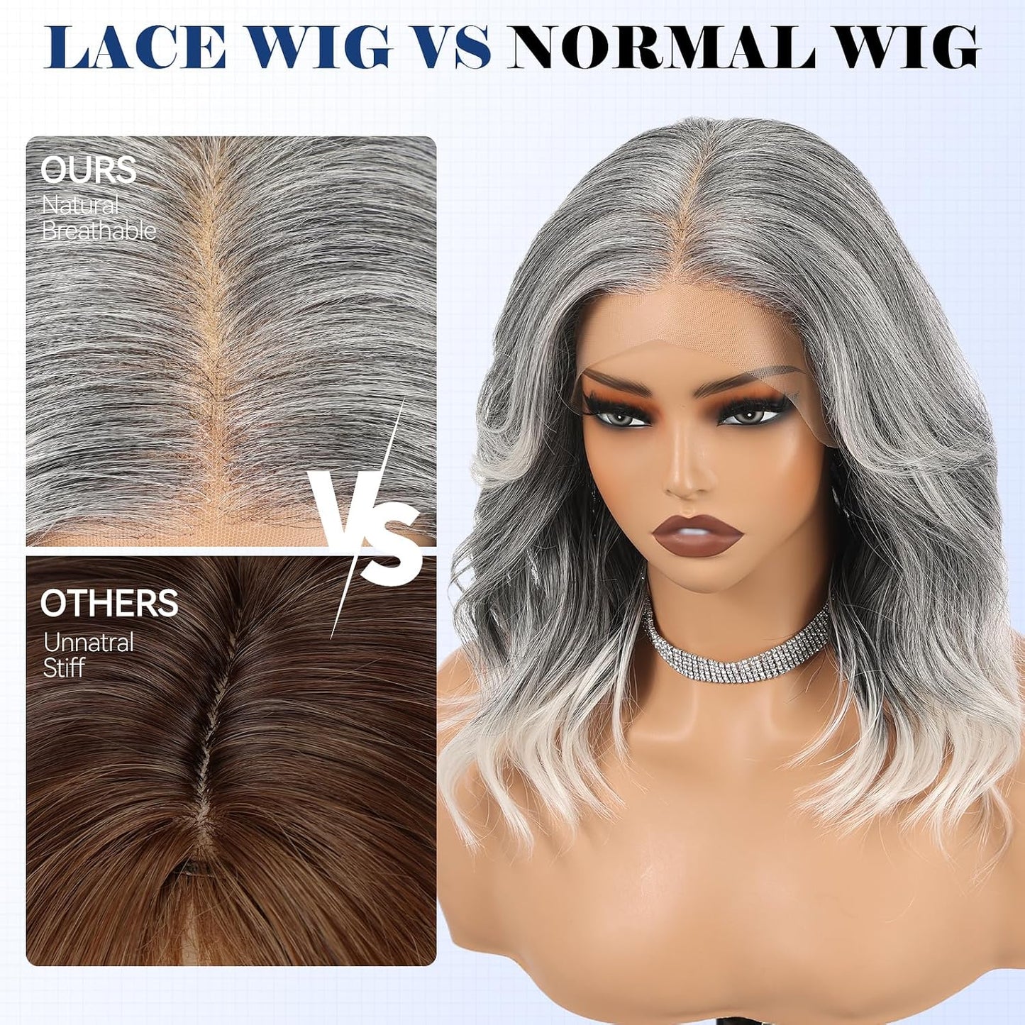 HD Lace Front Wig - 16-Inch Heat Resistant Synthetic Wavy Hair for Women | Shoulder Length Glueless Wig in Gray
