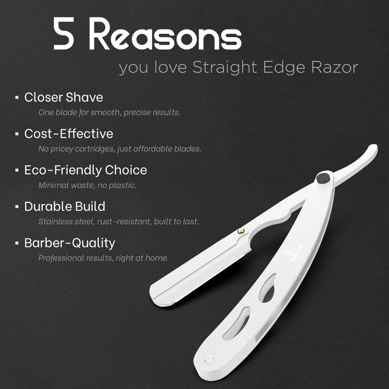 The Cut- Factory- Straight Razor with 20 Pack Platinum Treet Single Blade Razors for Men- Professional Barber Straight Edge Razor for Close Shaving 100 Percent Stainless Steel, White