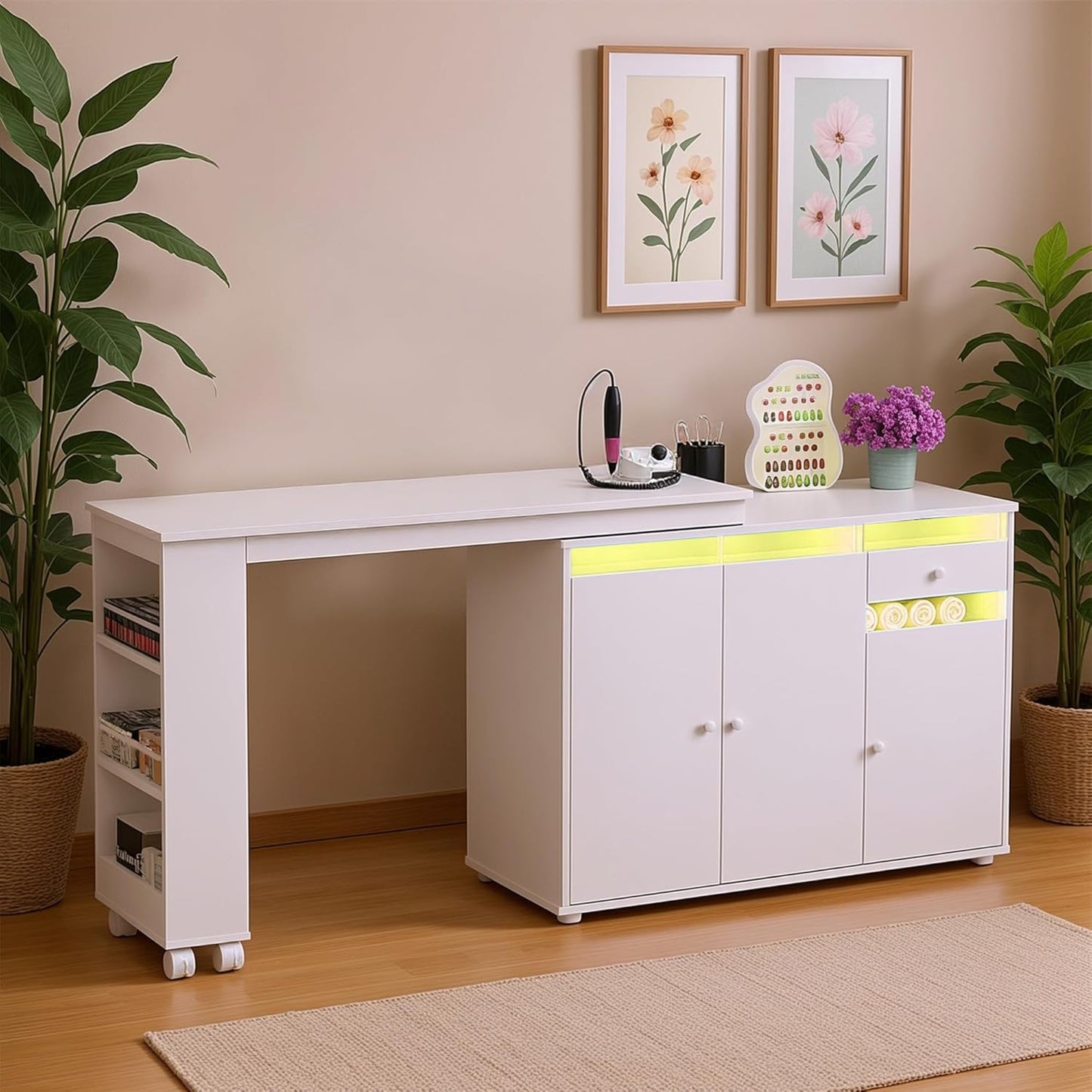L-Shaped Manicure Table - Modern Nail Salon Desk with Storage & LED Light | White, Convertible Design