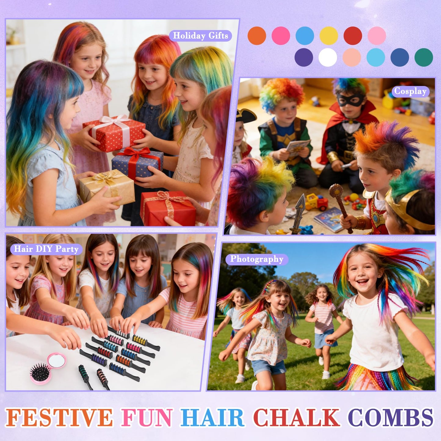 12 Colors Hair Chalk Comb, Temporary Hair Color Dye for Girls, Washable Hair Chalk with Air Bag Comb and Spray Bottle, Festive Fun Hair Chalk Combs, Birthday Christmas New Year Gifts Hair DIY Party