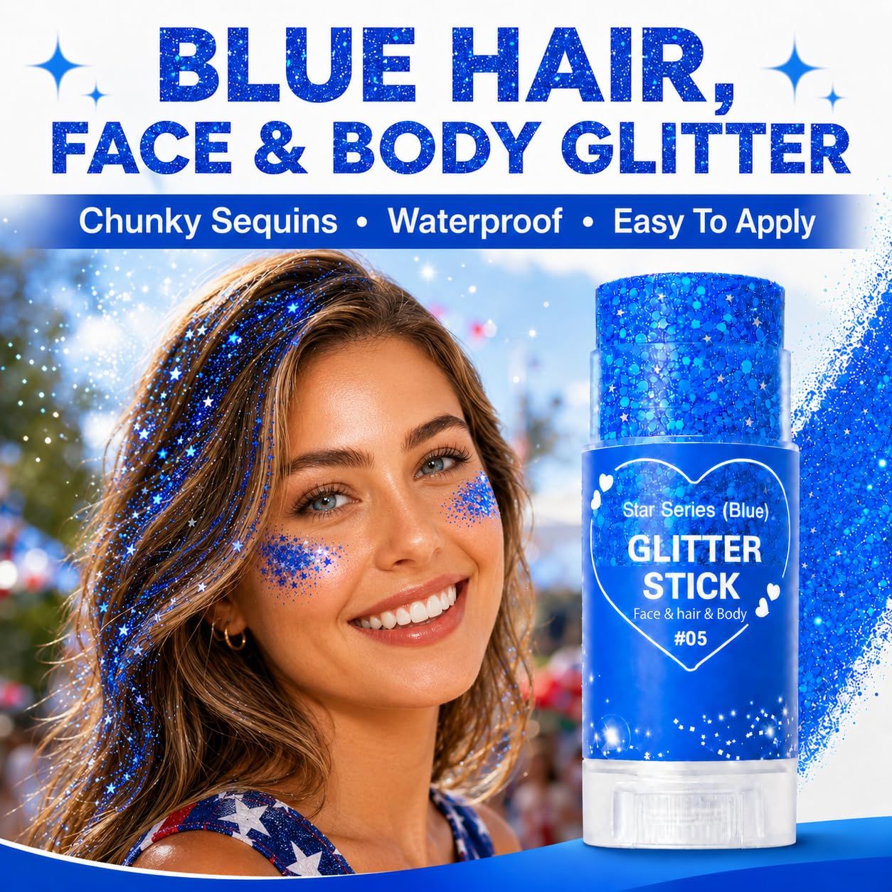 Blue Glitter Stick for Hair Face and Body, Blue Hair Glitter Makeup Stick with Chunky Sequins, Rave Carnival Concert Festival Accessories for Women, 4th of July Sports Game Day Glitter (05Blue)