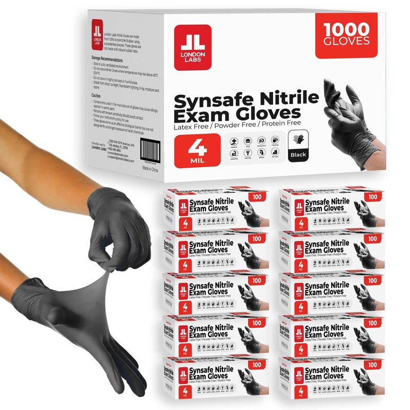 London Labs Synsafe 4 Mil -Black Nitrile Exam Gloves –Disposable Latex Free & Powder Free – Extra Strong, Rubber Gloves – First Aid Kit, Medical, EMT, Cleaning, Cooking | Bulk Case of (1000 ct)