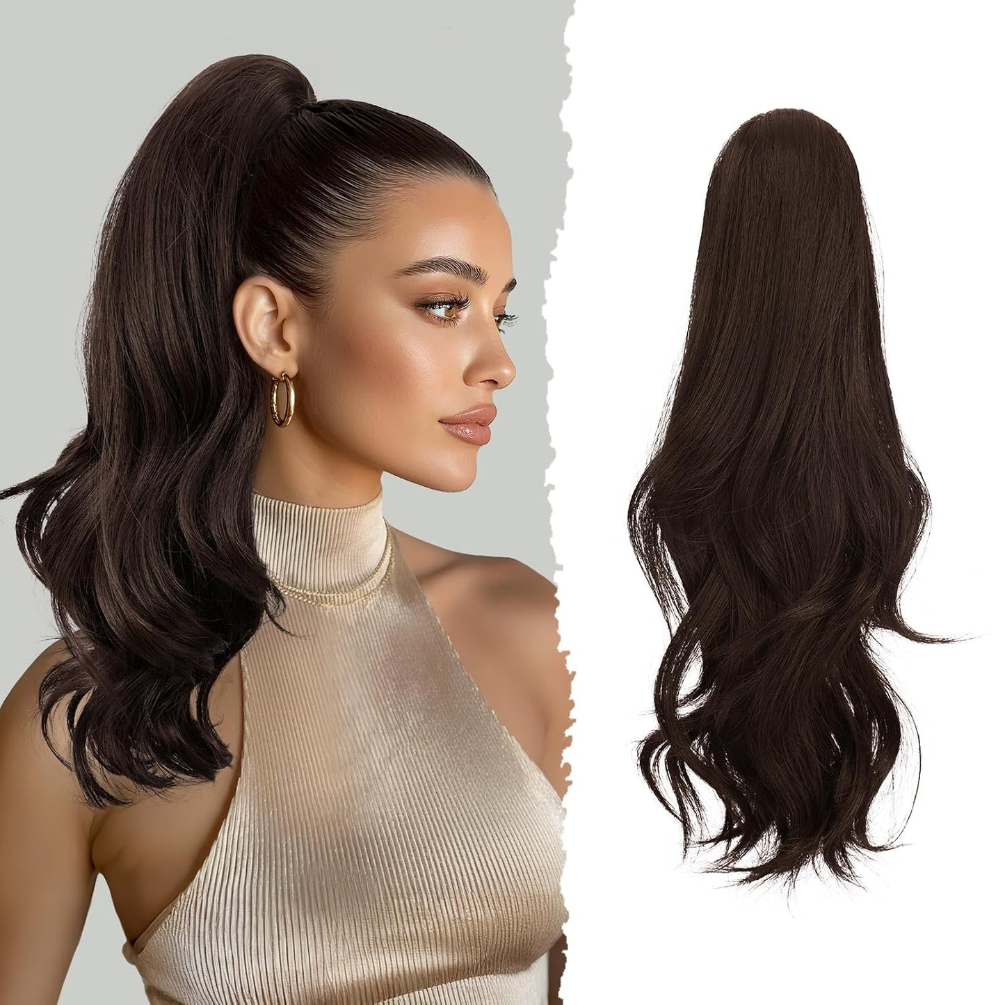 Claw Clip Ponytail Extension - 16 Inch Curly Wavy Synthetic Hairpiece | Dark Brown Fluffy Clip-In for Natural Look