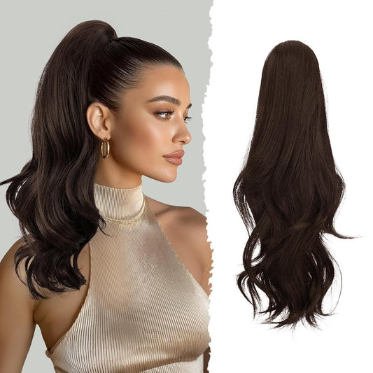 Claw Clip Ponytail Extension - 16 Inch Curly Wavy Synthetic Hairpiece | Dark Brown Fluffy Clip-In for Natural Look