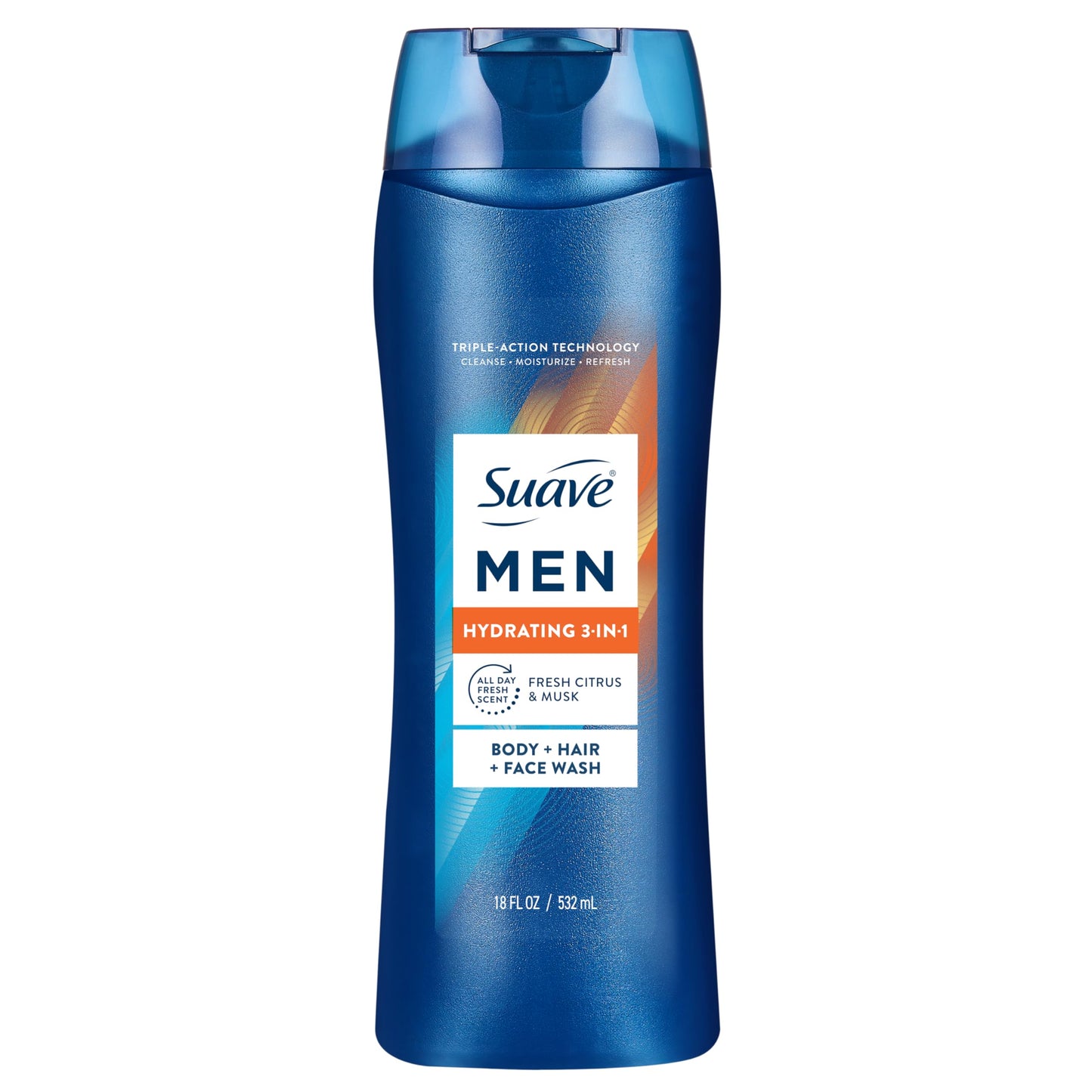 Suave Men Hydrating 3-in-1 Body + Hair + Face Wash with Glycerin & Vitamin E, Cleanse, Moisturize, Refresh, No Parabens or Pthalatates, Long-Lasting Fragrance, 18 FL OZ