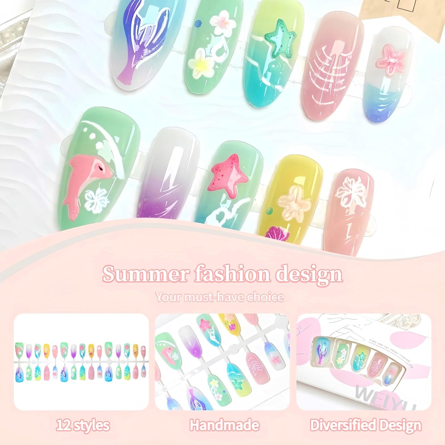 3D Handmade Press-On Nails - Summer Starfish Floral Design | Medium Almond Full Cover Ocean Theme