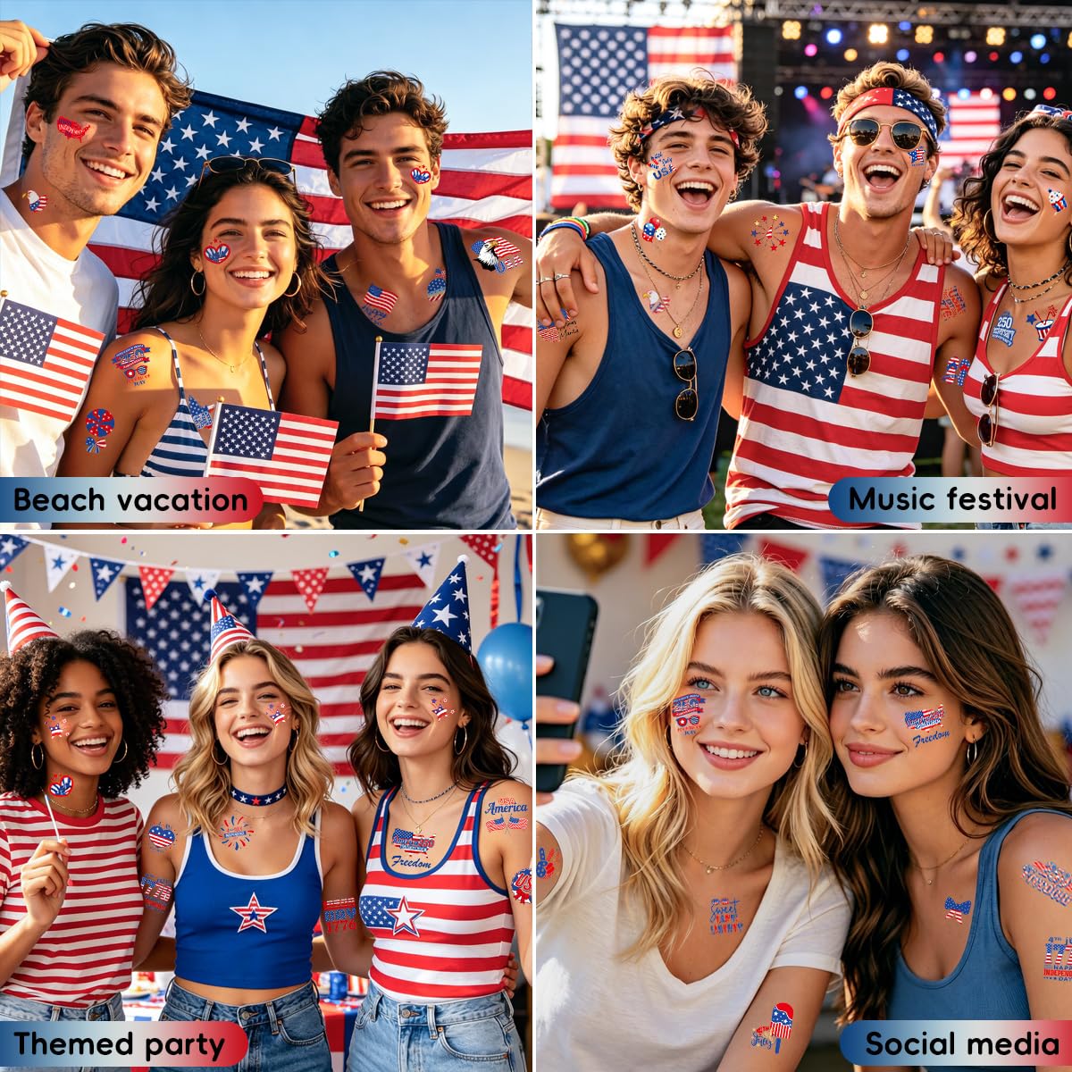 50Pcs 250th Independence Day Temporary Tattoos, Patriotic 4th of July Temporary Tattoos Stickers, Red White Blue Decorative Designs for Kids and Adults, Suitable for Parades and School Celebrations(C)