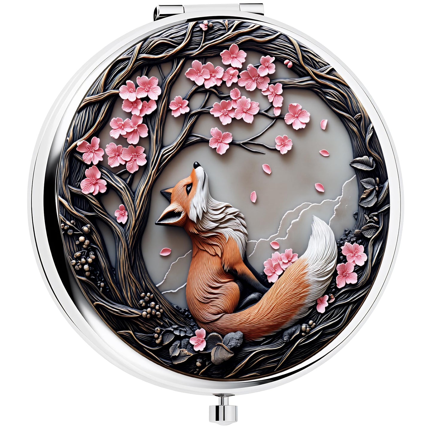 Silver Compact Mirror, 2.8x2.8inch Double-Sided Folding Makeup Mirror with Cherry Blossom Red Fox Design, Ideal Gift for Women