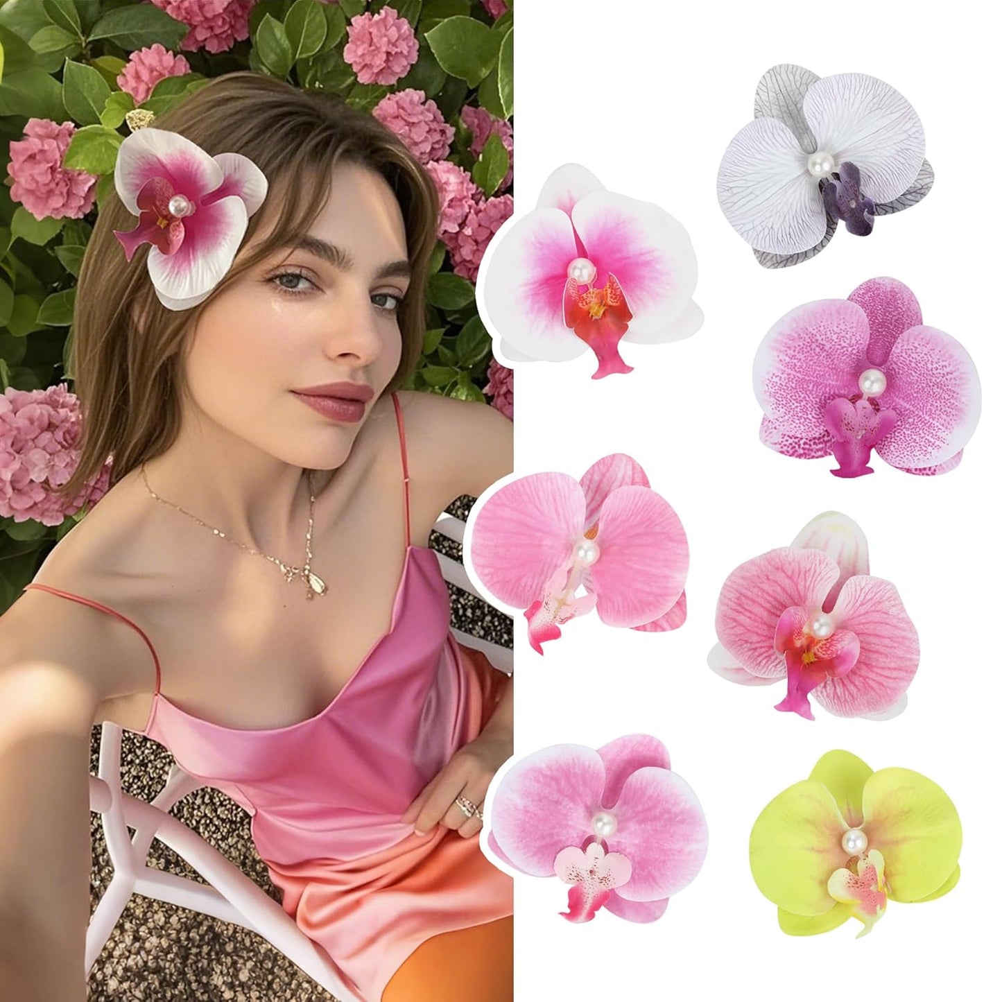 Hawaiian Flower Hair Clips - Bohemian Orchid Hairpins | 7pcs Tropical Bridal Accessories (4 Inches)