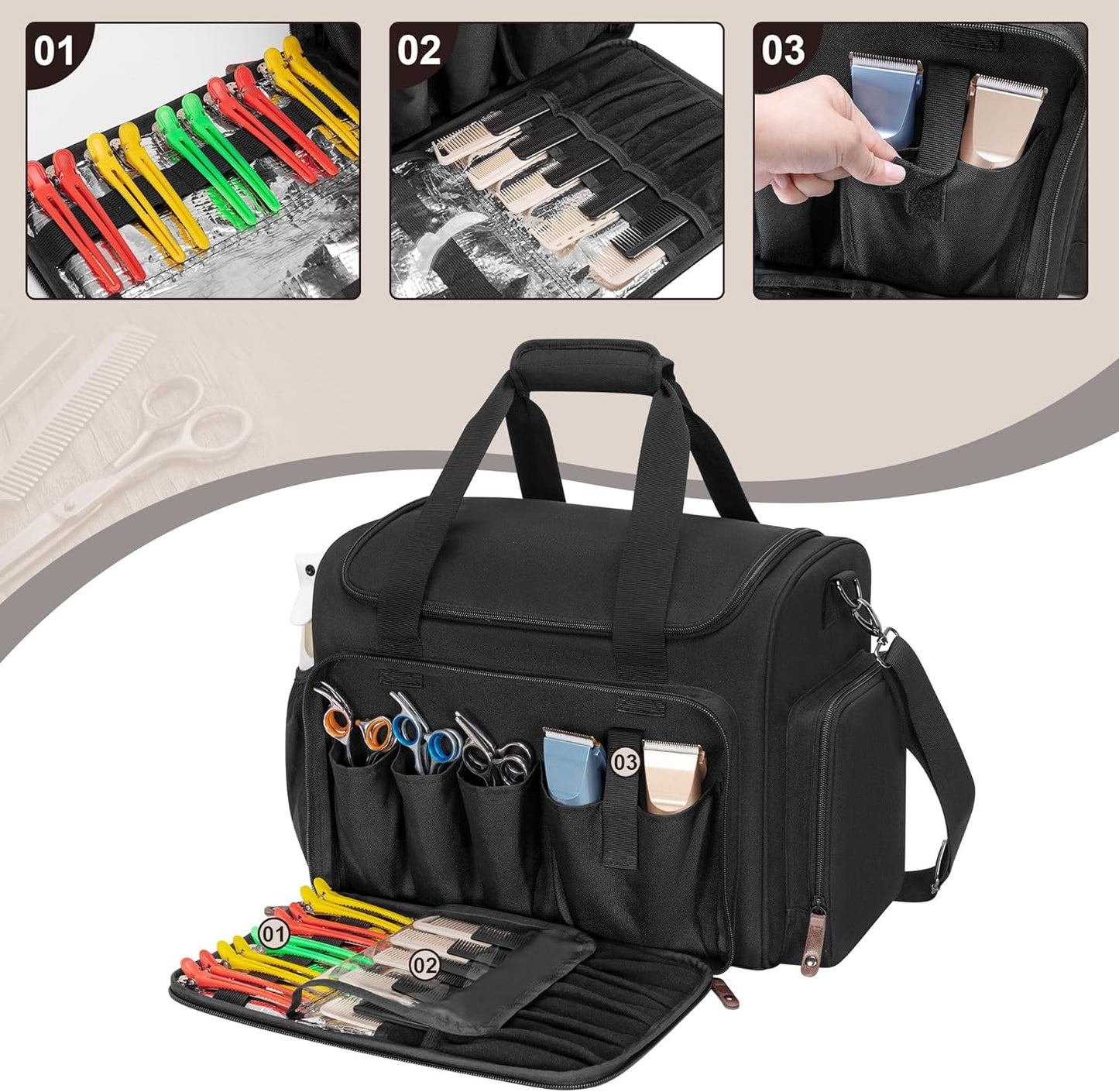 Large Insulated Barber Case - Hairstylist Travel Bag with Detachable Divider & 2 Removable Pouches | Black