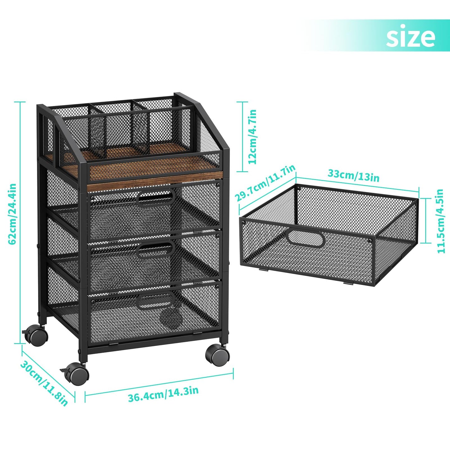 HapiRm Rolling Makeup Organizer Cart- Under Desk Vanity Storage with 3 Drawers, Floor Nail Cart Skincare Organizers Cosmetics Display Cases for Nail Polish Perfume Makeup Brush Hair Tool, Black