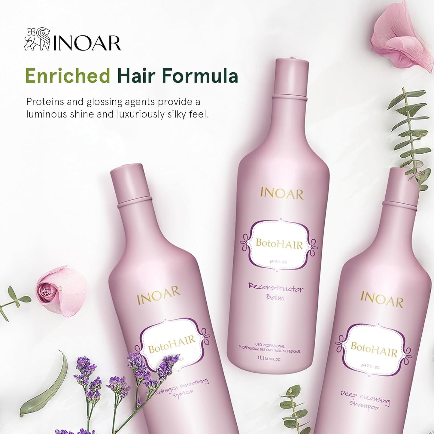 Inoar BotoHair Collagen Smoothing System - Keratin Deep Cleansing Shampoo & Reconstructor Balm | 33.8 Fl Oz Each