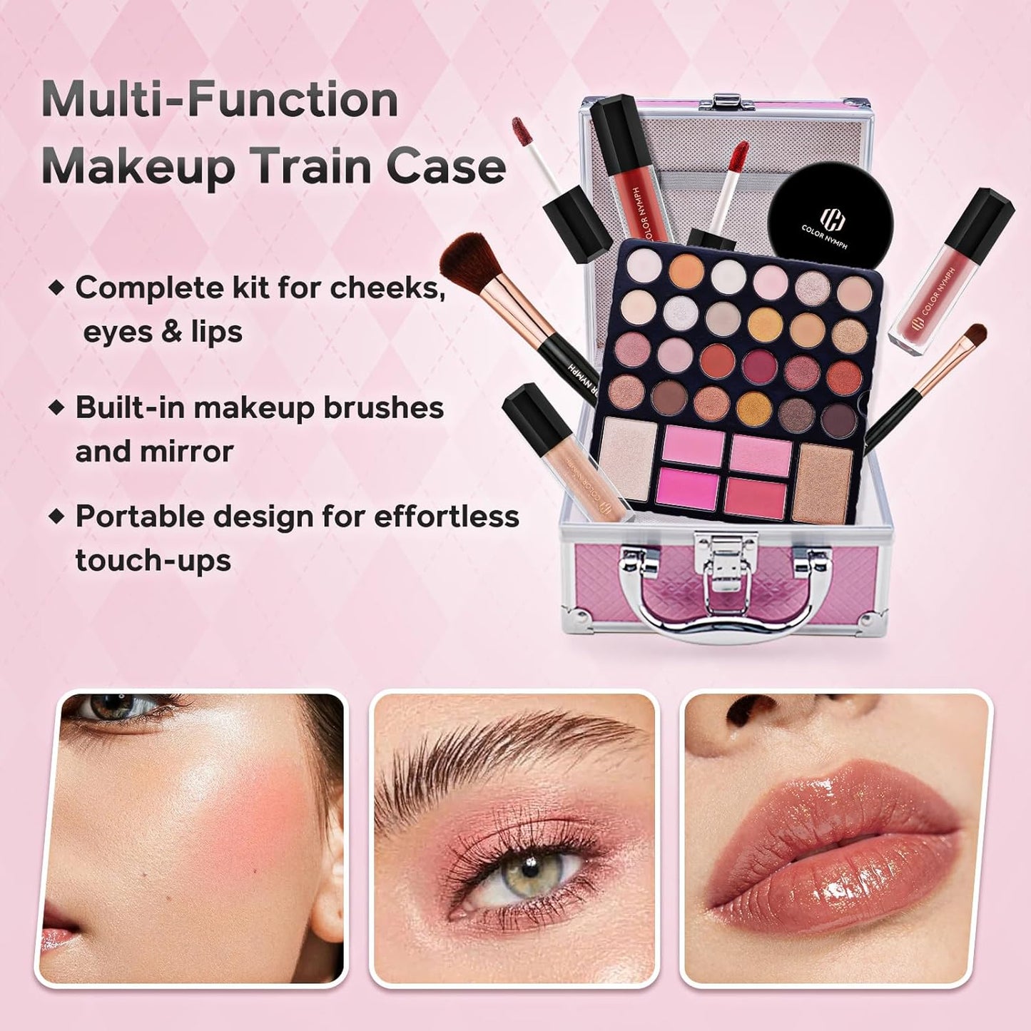 Beginner Makeup Kit for Teens - 24-Color Eyeshadow Palette, Blush, Bronzer & Brushes | Pink Cosmetic Train Case Included