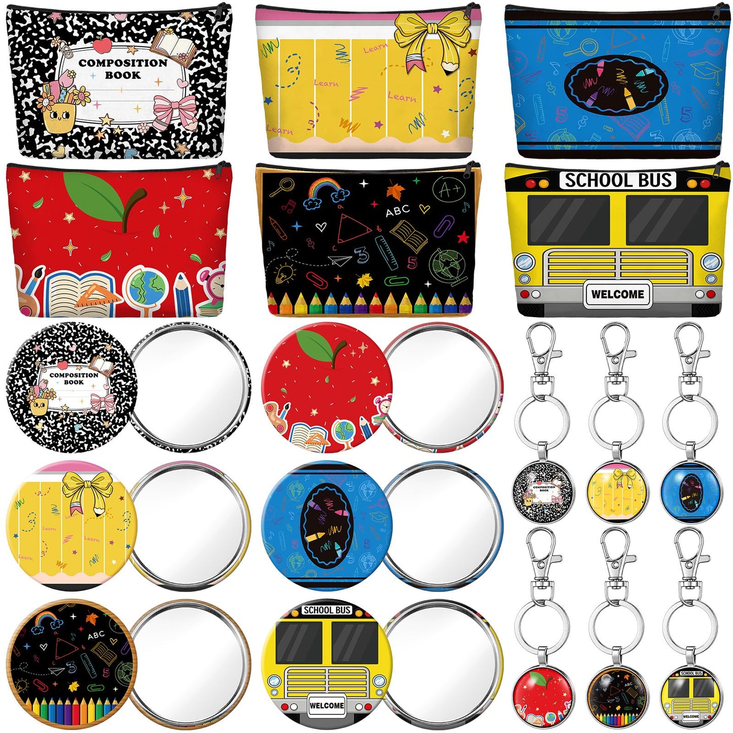 SilTriangle 18 Pcs Back to School Teacher Appreciation Gifts Bulk Cute Stationery Themed Makeup Bags Keychains and Mini Compact Mirror for Back to School Gifts Graduation Thank You Retirement Gift