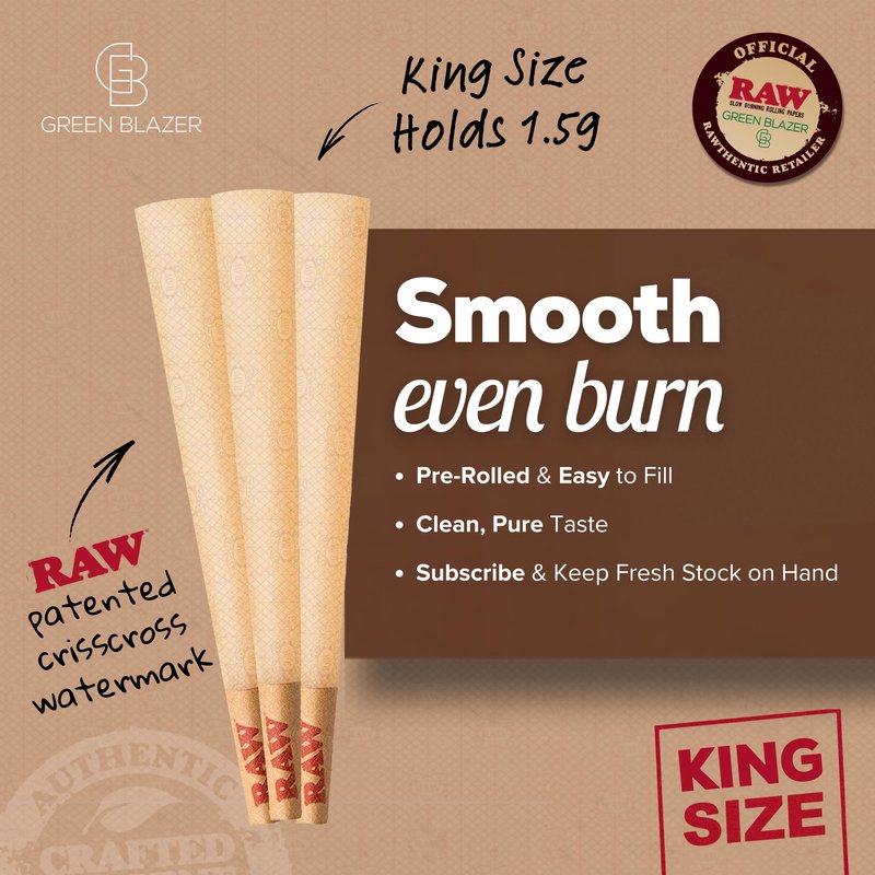 RAW Cones Classic King: 50 Pack Patented Slow Burning Cones Rolling Papers with Tips, All Natural RAW Paper, 109mm, Green Blazer Preroll Loader
