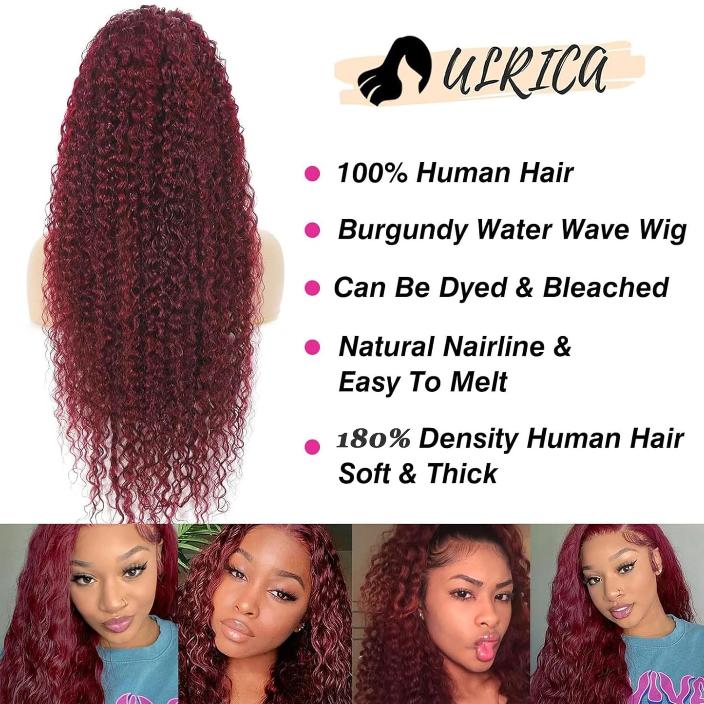 ULRICA 32 Inch Water Wave Red Human Hair Wig 99j Burgundy Lace Front Wigs Human Hair for Women Red Deep Wave Wig 13x6 HD Lace Curly Burgundy Wig