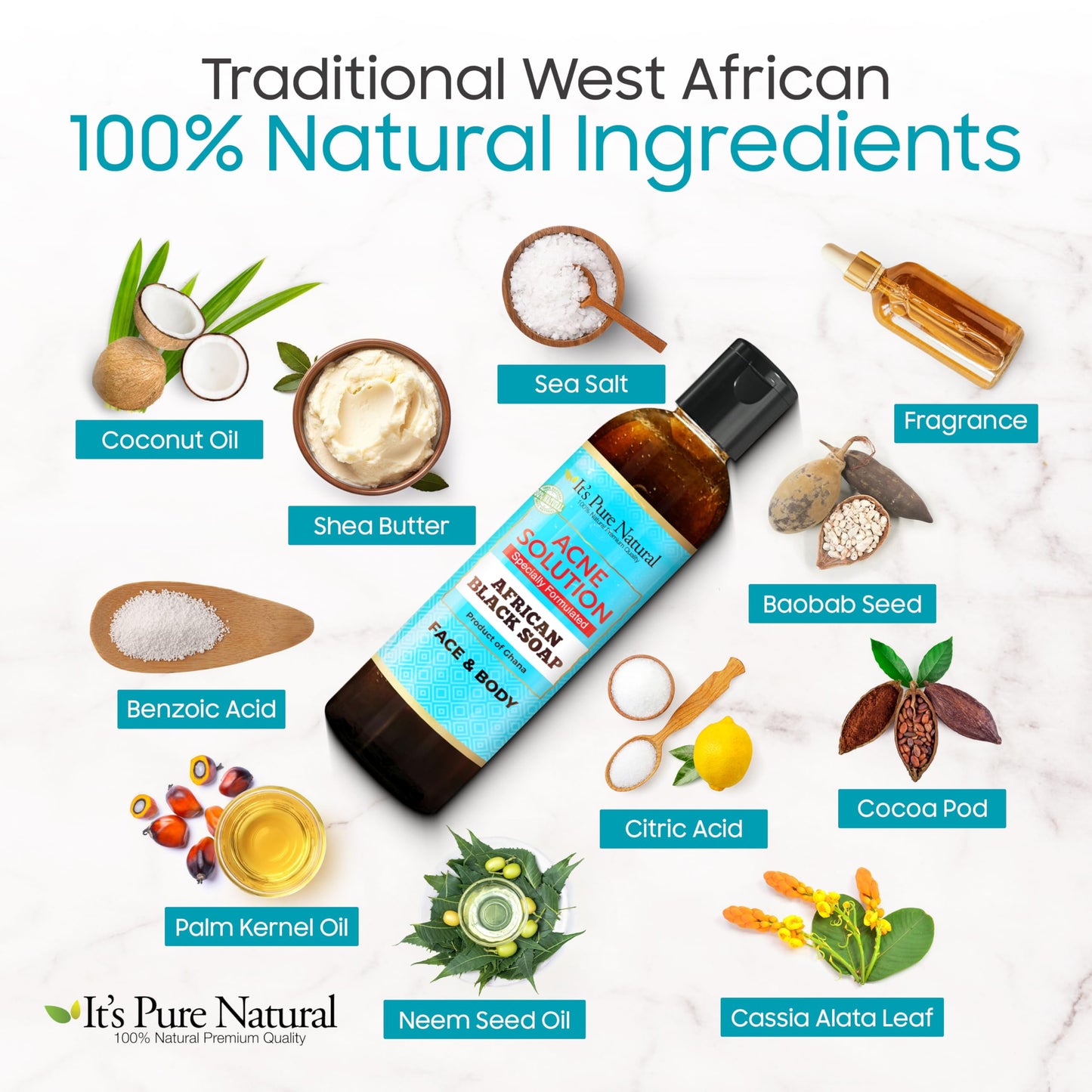 It's Pure Natural African Black Soap, Liquid Form, Traditional Handmade Raw Soap with Shea Butter and Coconut Oil, Face and Body Cleanser, (8oz, Acne Solution)