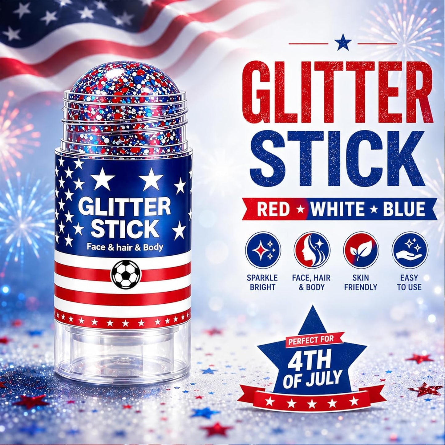 Patriotic Body Glitter Stick - Red, White & Blue Waterproof Glitter for 4th of July | Perfect for Hair & Face