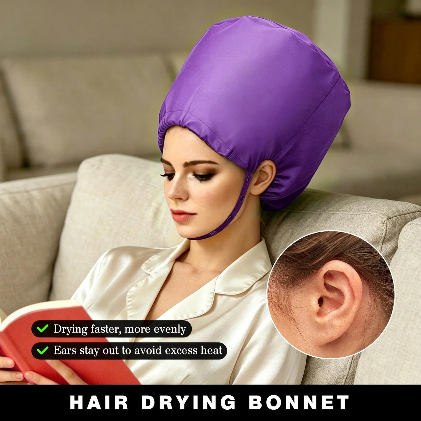 Hooded Hair Dryer Bonnet, Fast Drying Bonnet Hair Dryer for Natural Hair, Deep Conditioning Styling Curl Enhancing, Adjustable Fit Portable Lightweight for Travel（Purple）