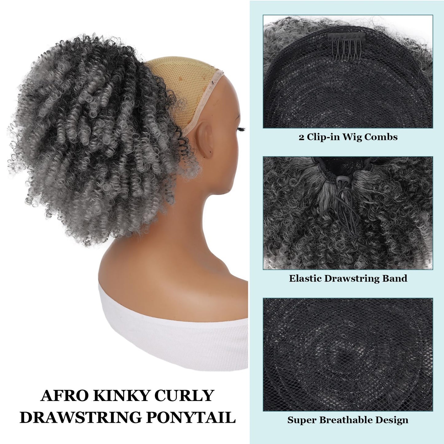 G&T Wig Afro Kinky Curly Drawstring Ponytail Extension for African Black Women Short Afro Puff Curly Synthetic Hairpieces for Daily (Ombre Grey)