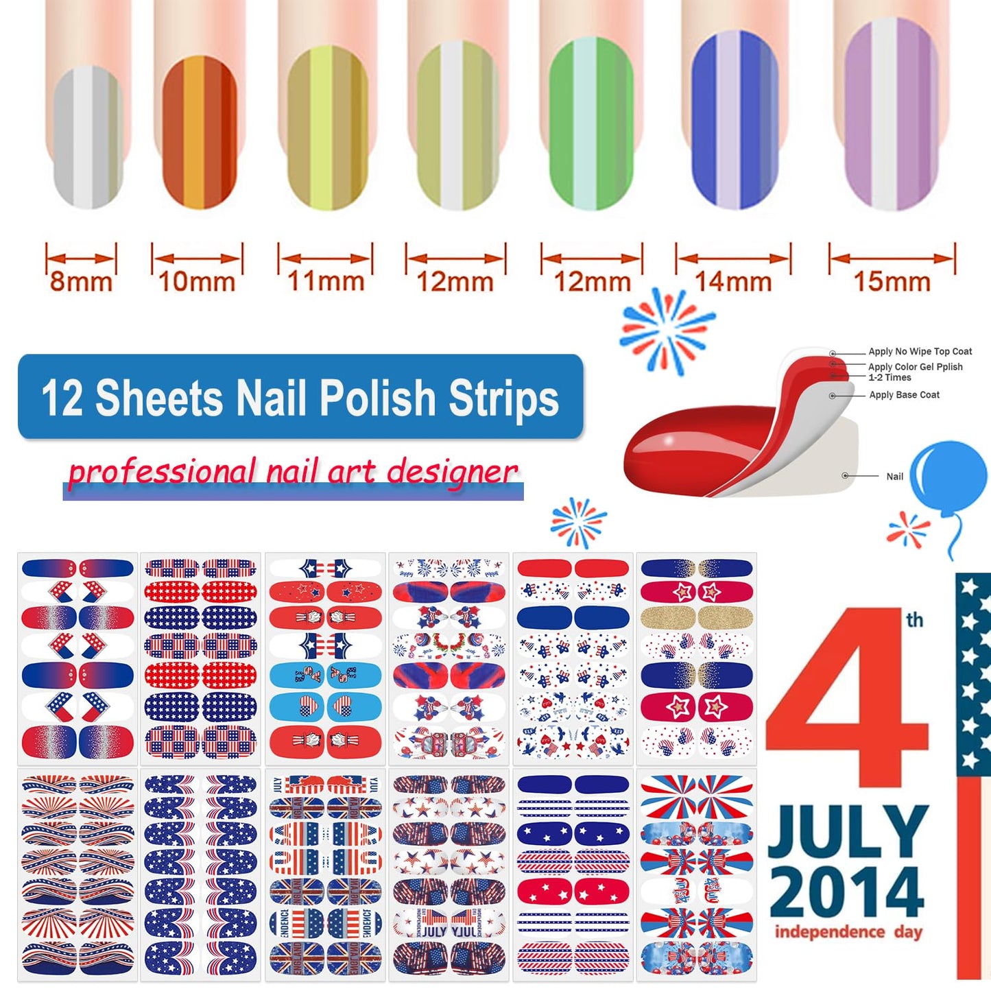 DANNEASY 12 Sheets 4th of July Full Nail Wraps Independence Day Nail Polish Stickers Self-Adhesive Nail Polish Strips Gel Fingernail Stickers for Women with Nail File, Cuticle Stick