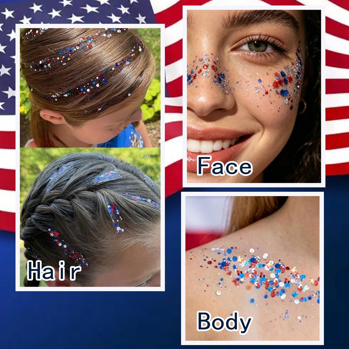 4th of July Glitter Stick, Body Hair Face Glitter Stick, Fourth of July Outfits and 250th Anniversary Accessories, Patriotic USA Flag Accessories for Women, Red White and Blue Waterproof Hair Glitter
