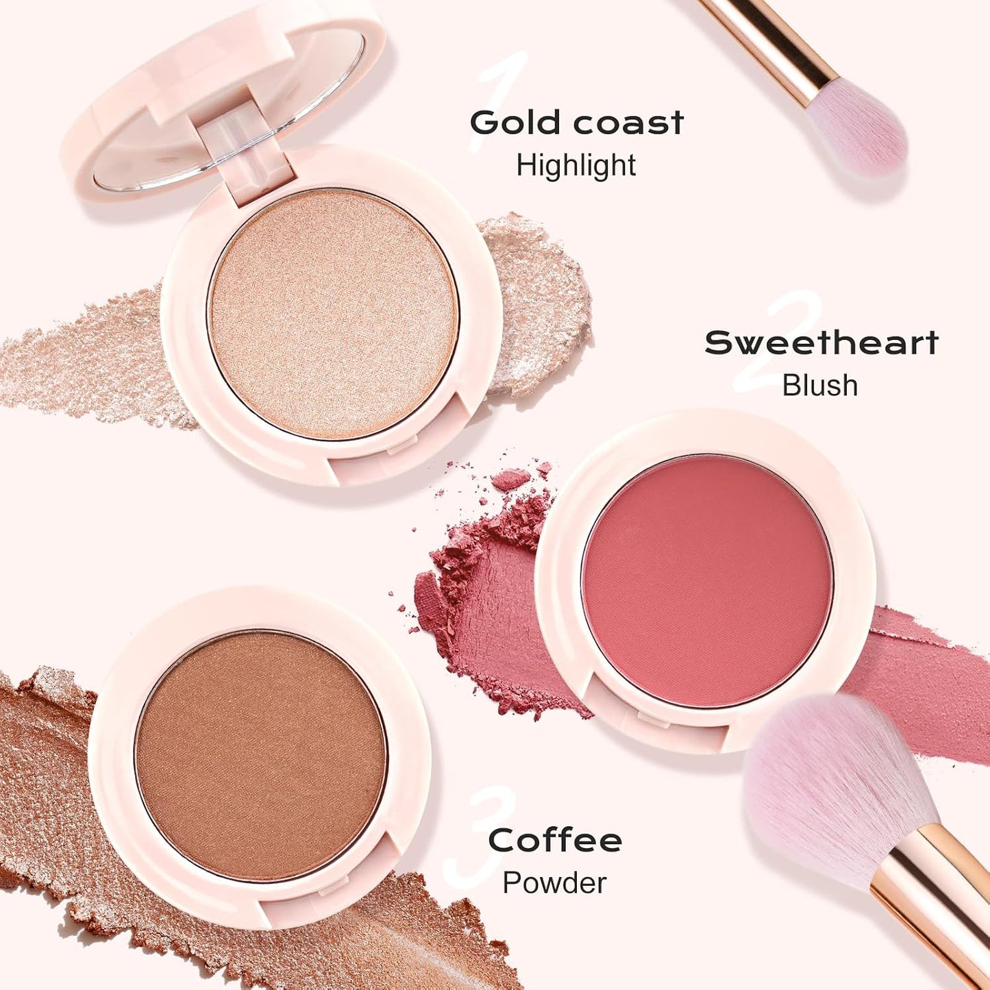 Contour Blush Highlighter Makeup Palette - 3 Colors, Shimmer & Matte Finish | Travel-Friendly Kit with Brush & Mirror