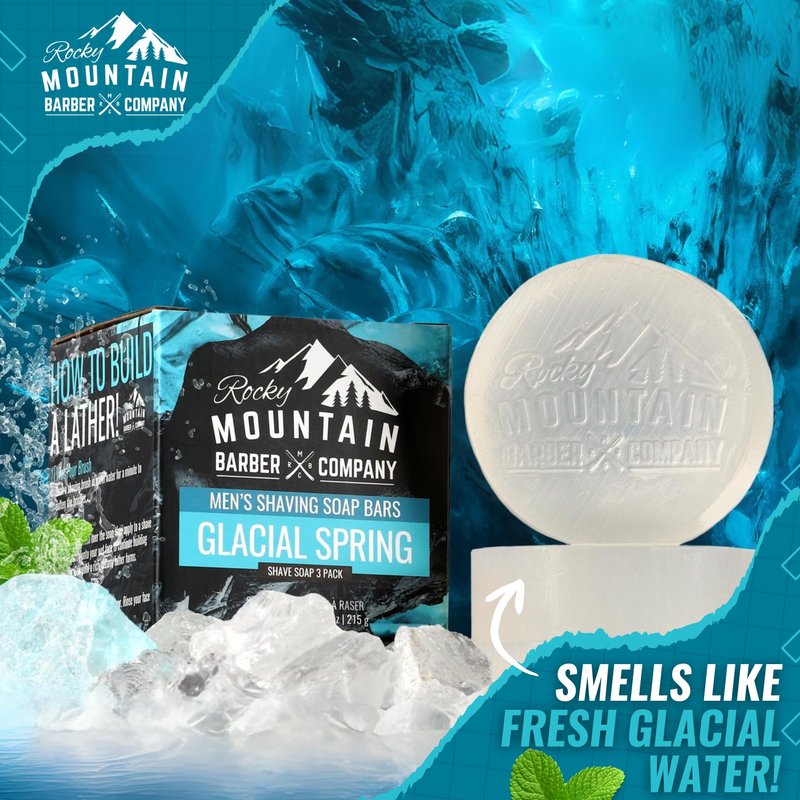 Shaving Soap Pucks for Men - 3 Pack - Traditional Wet Shave Glycerin-Based Shave Soap Bars - Made in USA For Use with Shaving Brush and Bowl - Glacial Spring Scent by Rocky Mountain Barber Company