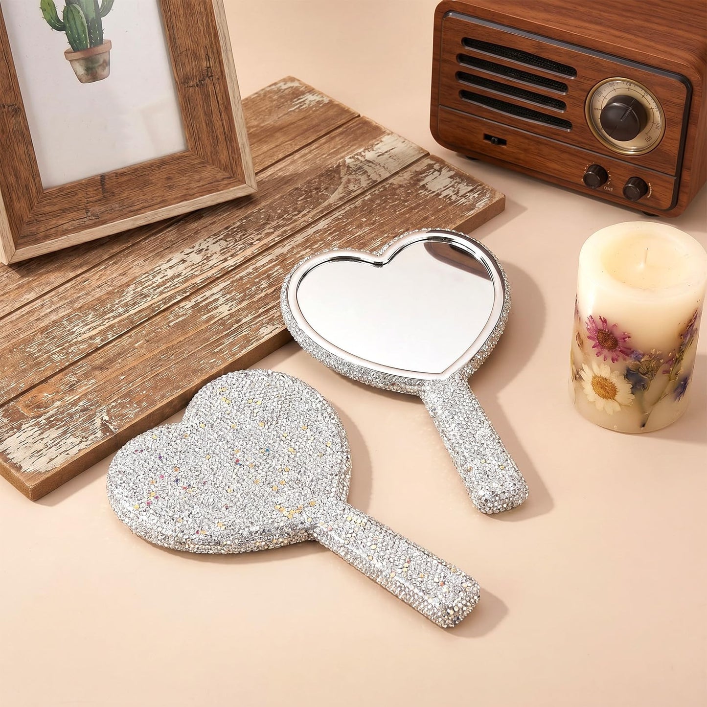 Exircy Large Rhinestone Handheld Mirror Heart Shaped Bling Glitter Cosmetic Hand Mirror with Handle Portable Hand Mirrors Sparkling Cute Hands Mirrors for Wedding Make up Women (Silver)