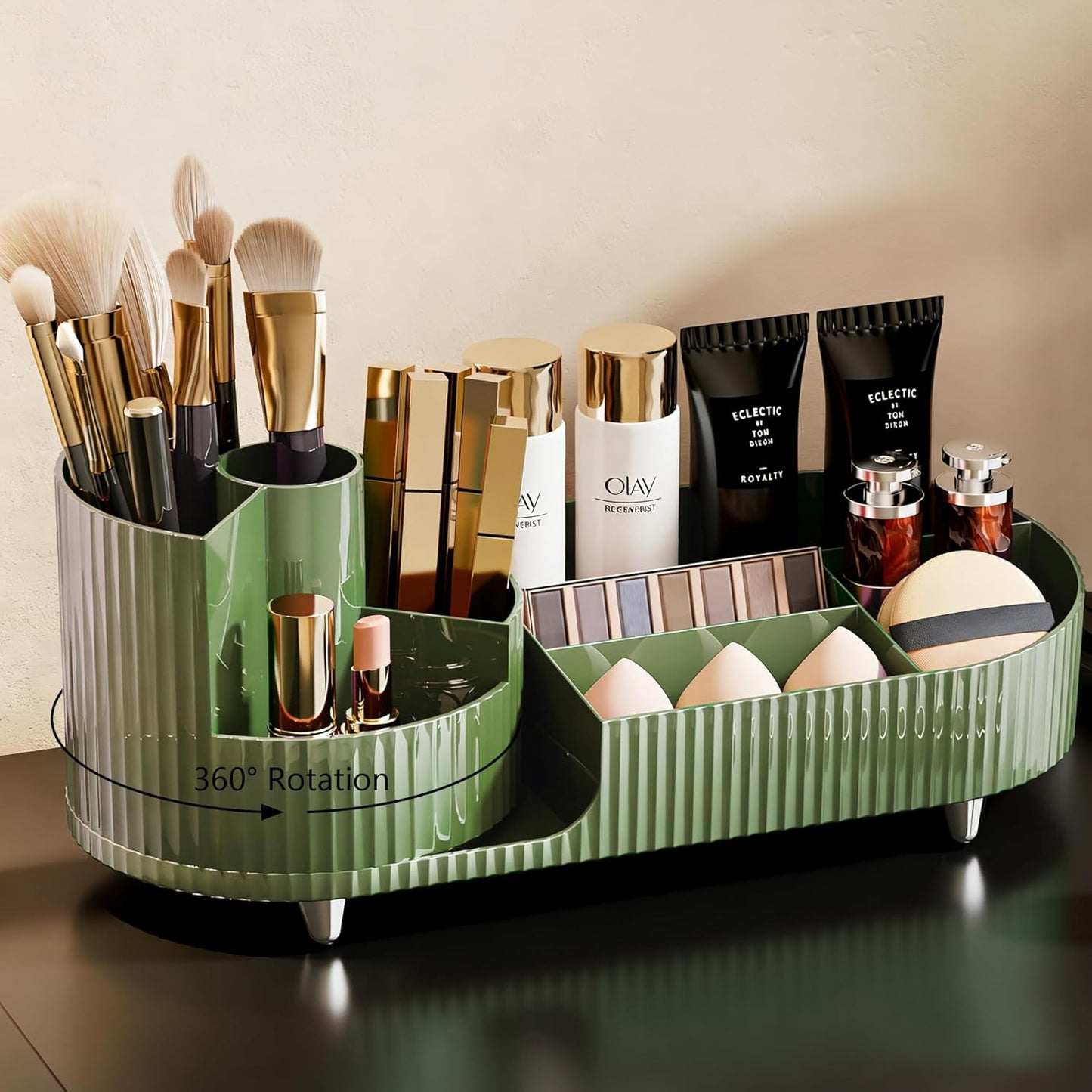 Rotating Makeup Organizer - Large Spinning Vanity Storage with Brush Holder | Black Cosmetic Display Case