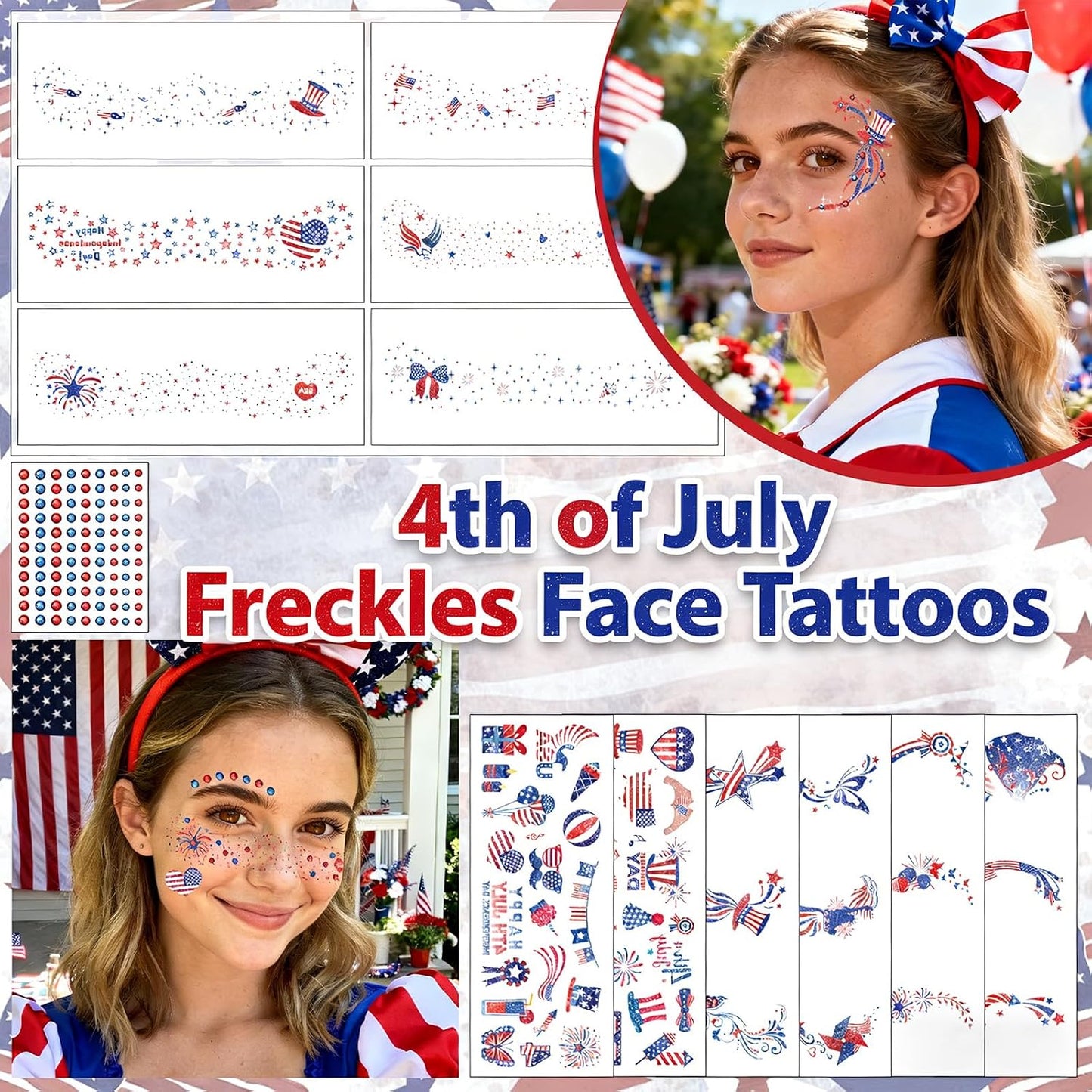 Red White and Blue Glitter Freckles Face Tattoos - 12Pcs Patriotic Temporary Makeup Stickers for 4th of July | Rhinestone Accents