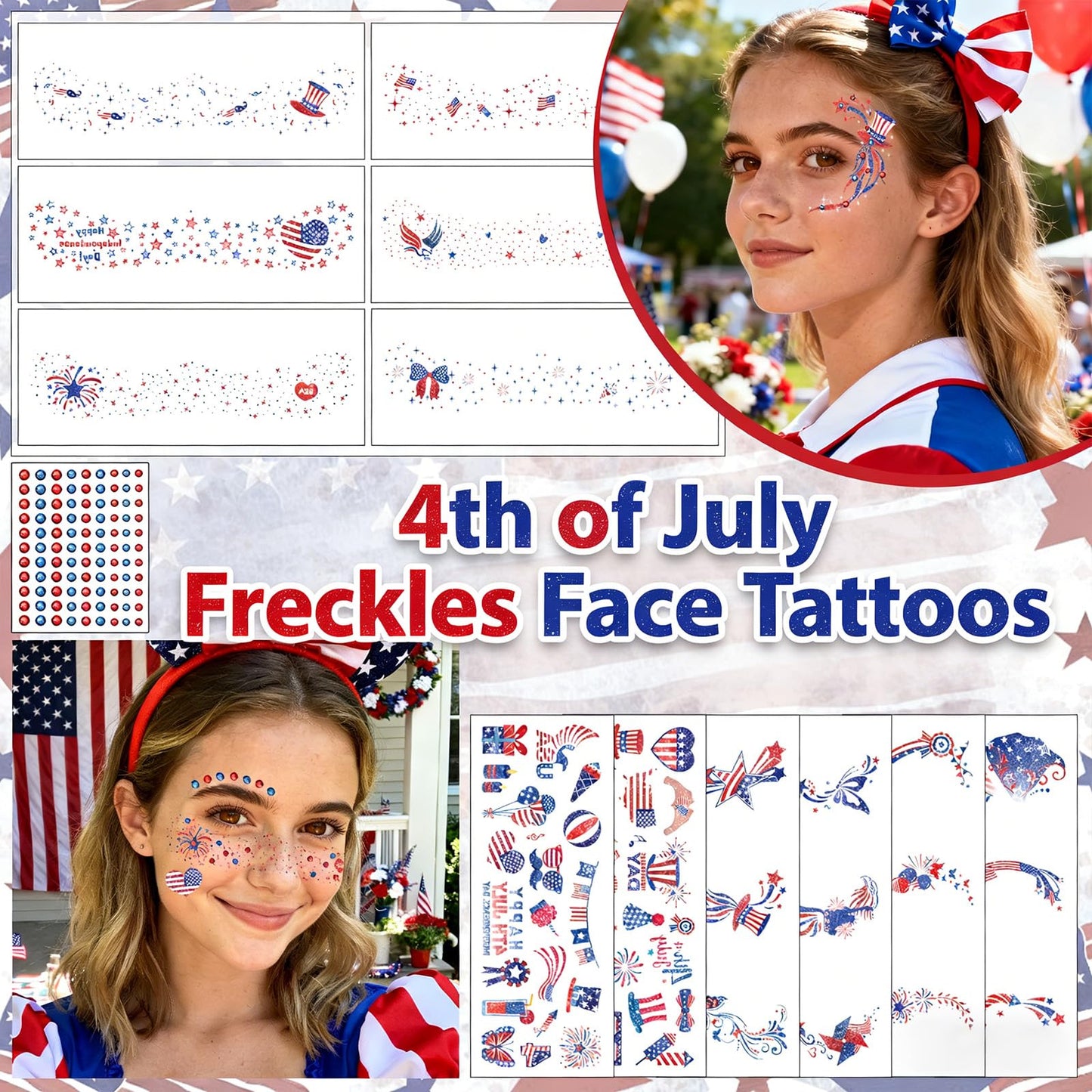 12Pcs Red White and Blue Glitter Freckles Face Tattoo for Makeup, 4th of July Accessories Sparkle Star Freckle Stickers with Rhinestones, Independence Day Patriotic Temporary Tattoos for Women